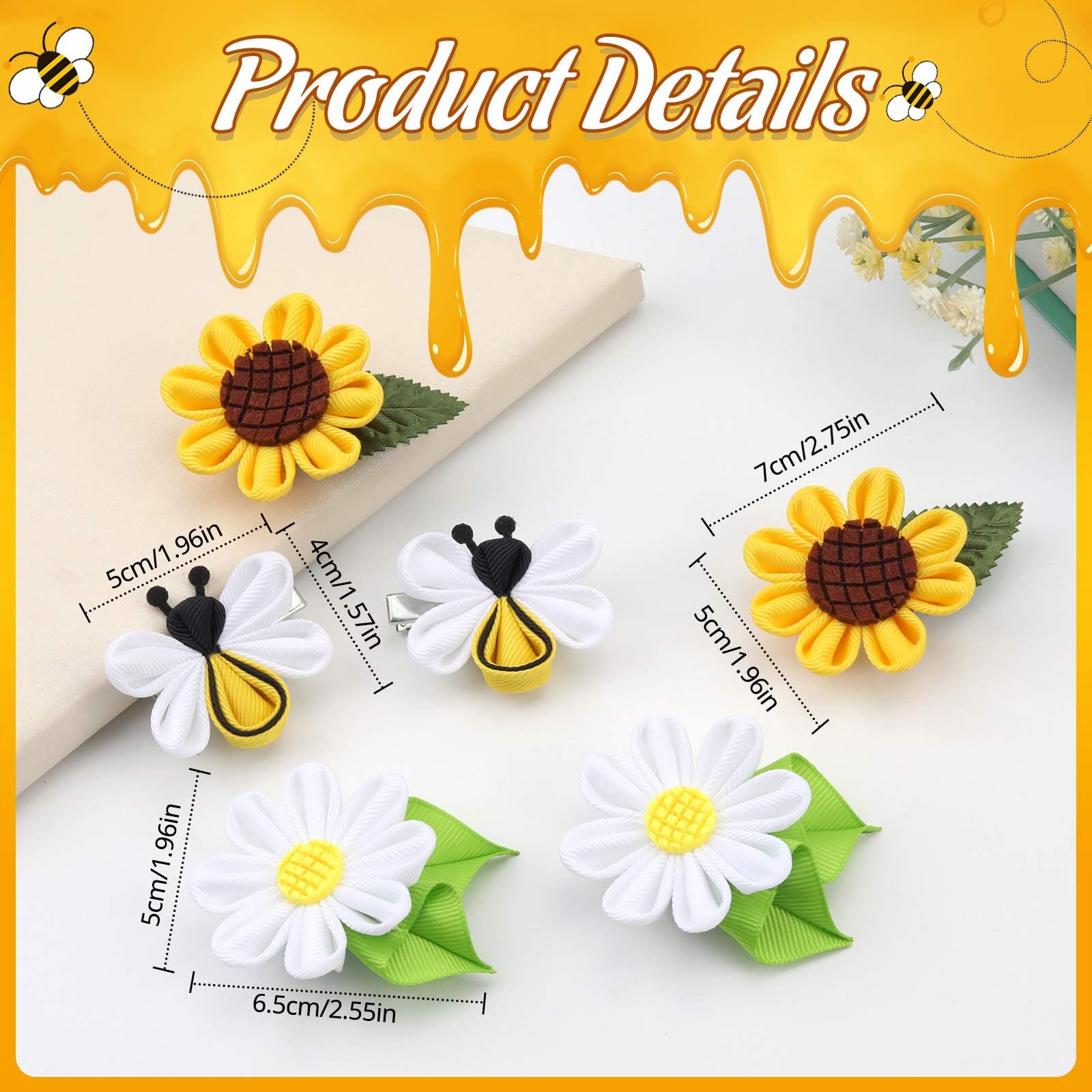 6pcs Sunflower, Honey Bee, and Daisy Hair Bows for Babies, Toddlers, Little Girls & Teens - Tiny Flower Hair Clips for Fine & Thick Hair - Perfect for Parties, Weddings & Everyday Wear
