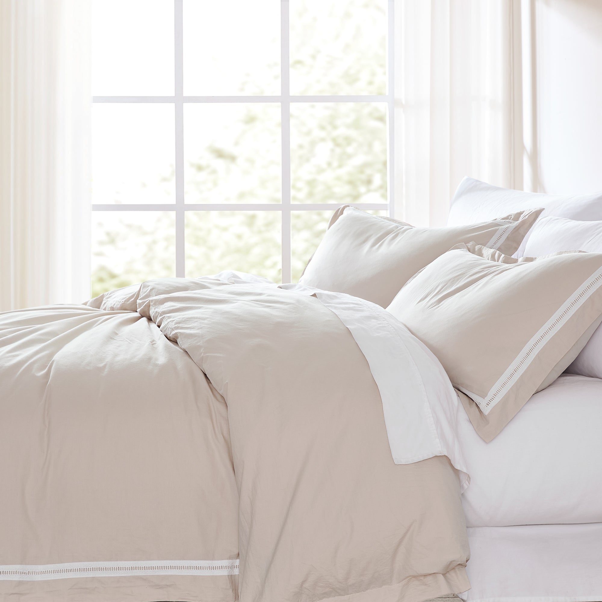 Doris Eyelet Inset Trim Cotton Duvet Cover Set - Queen Size Bedding Set with Pillowcases - Breathable Soft Duvet Cover for Bedroom, Guest Room & Dorm Decor