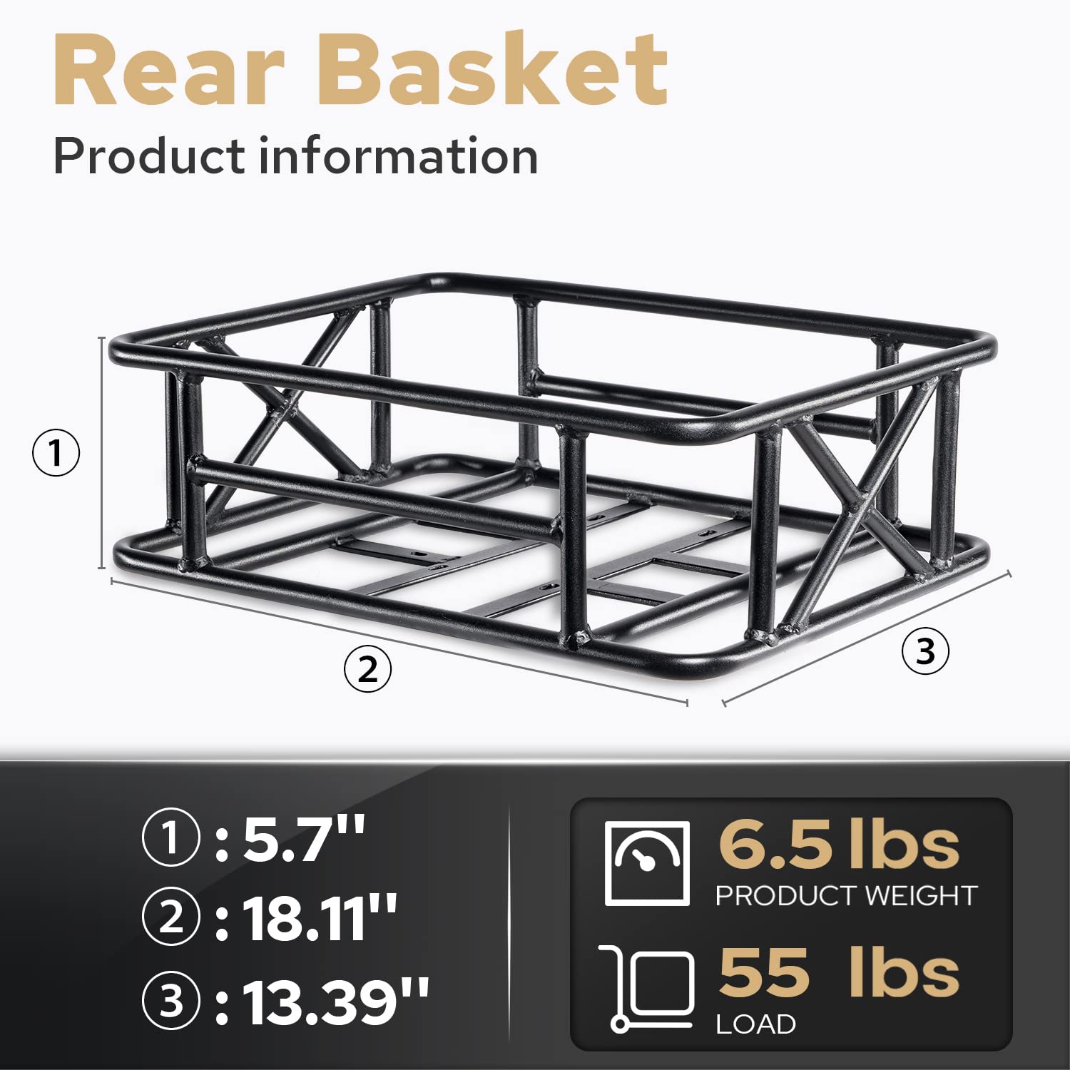 Rear Removable Metal Bike Basket - Large Capacity Quick Assemble for GL Series Folding Ebike & Mukkpet Suburban Electric Mountain Bike - Perfect for Commuting, Grocery Shopping & Outdoor Adventures