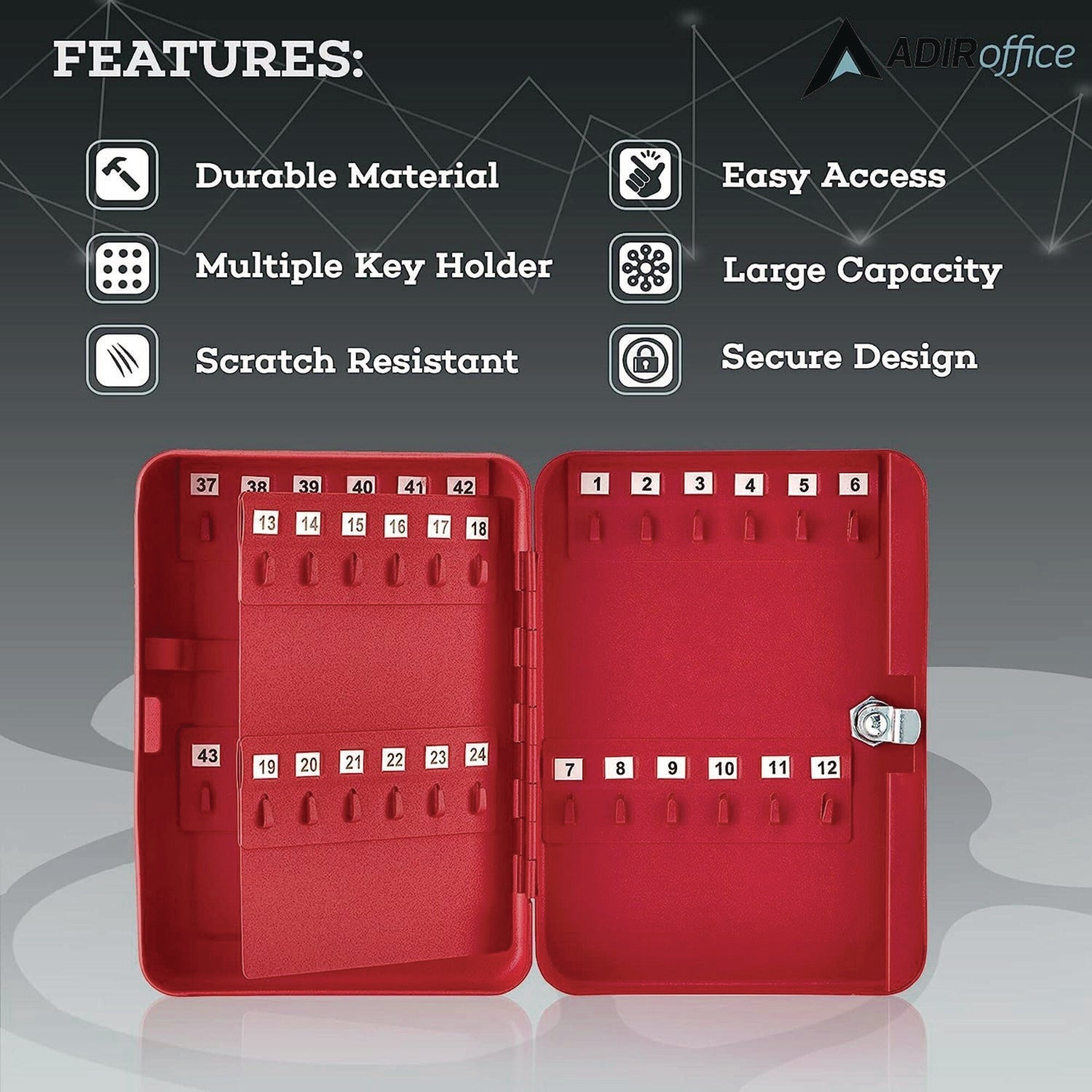 AdirOffice 48-Key Steel Key Cabinet with Secure Key Lock - 7.1 x 3.1 x 10 Inches, Stainless Steel 304 Construction in Red - Perfect for Home, Office, Hotel & School Key Organization