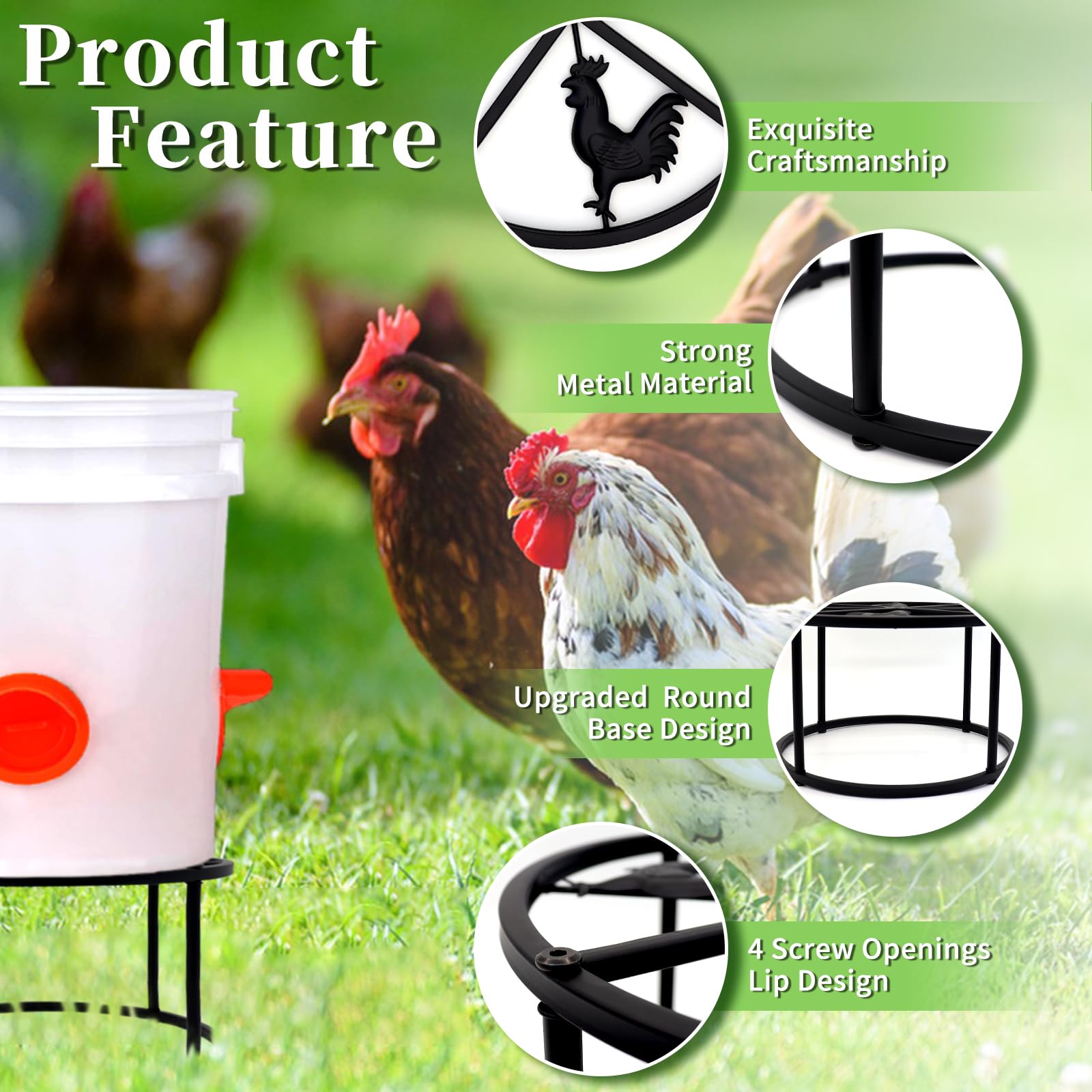 4Pcs Heavy Duty Metal Chicken Waterer Feeder Stand with 4 Legs & Round Base - Bucket & Barrel Support Holder for Poultry Coop - Indoor/Outdoor Use for Chicken Farms, Backyard Flocks & Homesteading