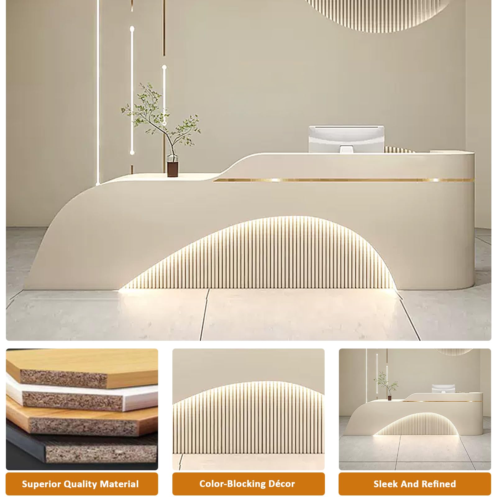 Modern Reception Desk with LED Light Strips & Wavy Panel - 72