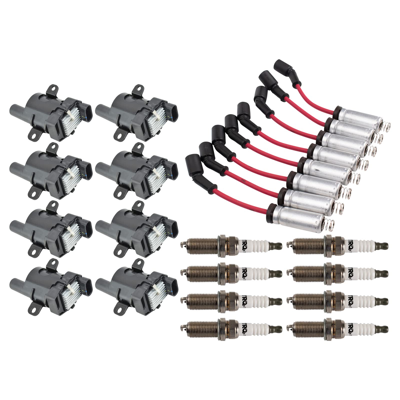 TRQ Performance Ignition Coil & Spark Plug Wire Set - Compatible with 02-06 Cadillac, 99-07 Chevrolet GMC, 03-07 Hummer H2 - Improves Engine Performance & Fuel Efficiency - Perfect for DIY Auto Repairs & Performance Upgrades
