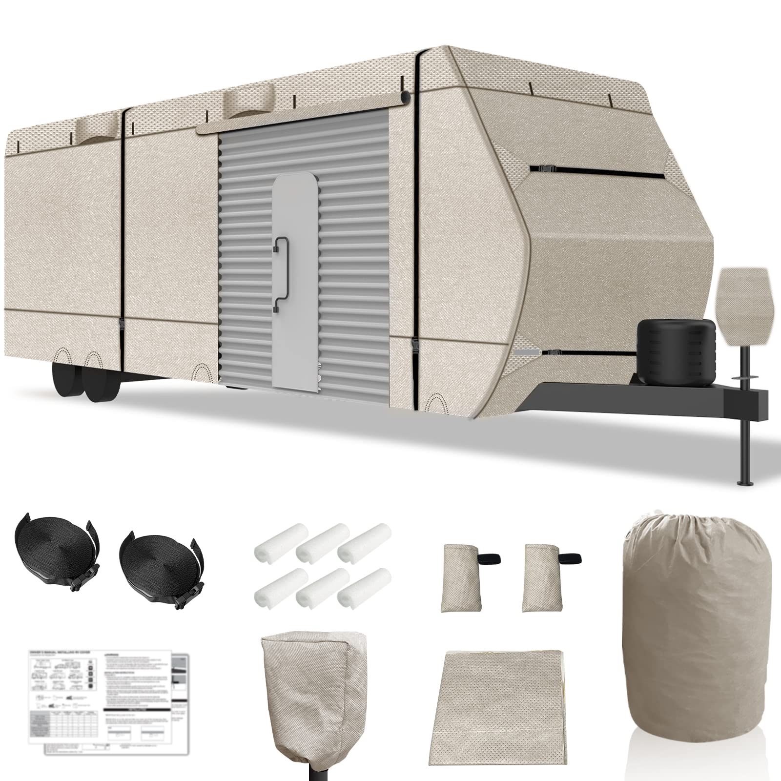 Heavy Duty 28 ft RV Travel Trailer Cover - 7 Layer Windproof, Waterproof, UV Resistant Camper Cover with Adhesive Repair Patches (Beige) - Perfect for Truck Campers 26' to 28' - Ideal for Outdoor Storage & Winter Protection