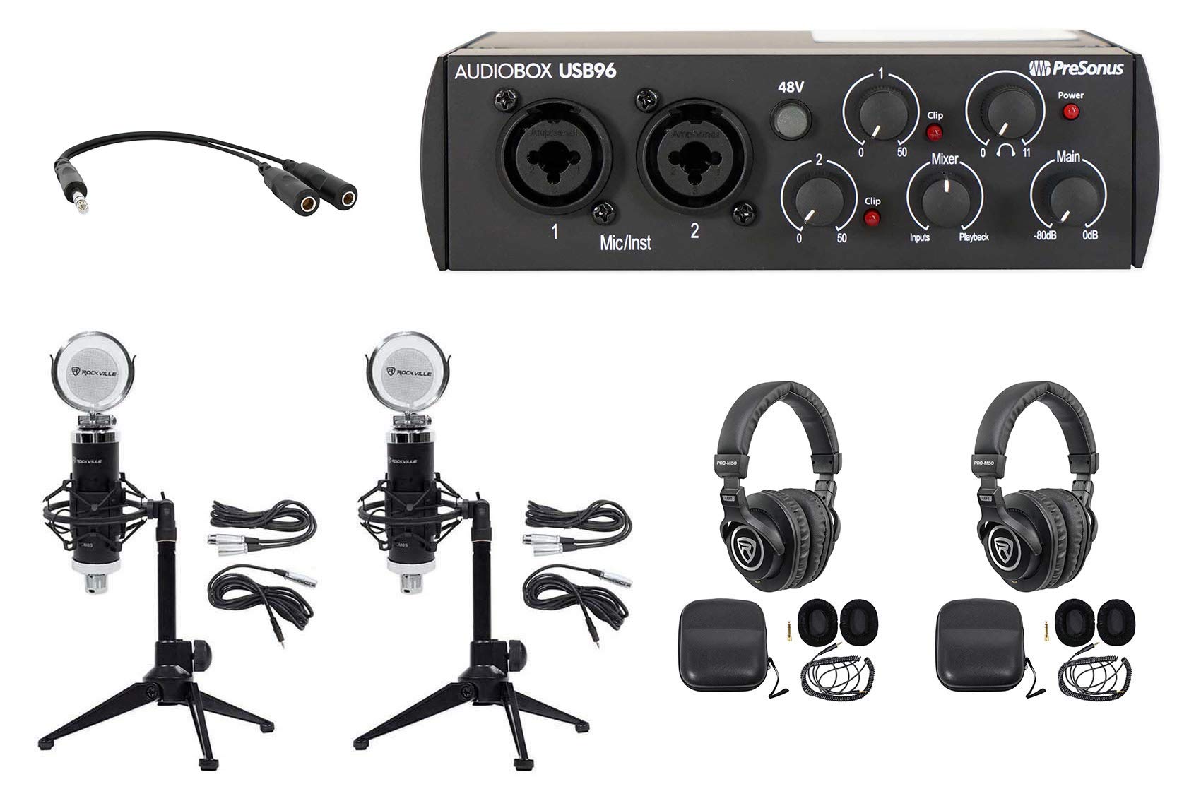 2-Person Podcasting Kit with AUDIOBOX, Headphones, Mics & Desk Stands - Professional Audio Recording Equipment for Home Studios, Interviews & Live Streaming