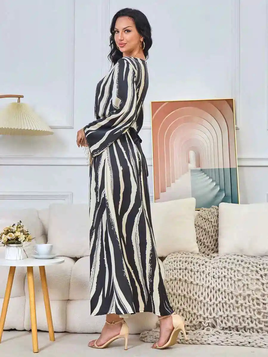 Elegant Eid Printed Tassel Caftan Dress for Women - Flowy Long Kaftan with Embroidery #25176 | Perfect for Eid Celebrations, Weddings & Special Occasions