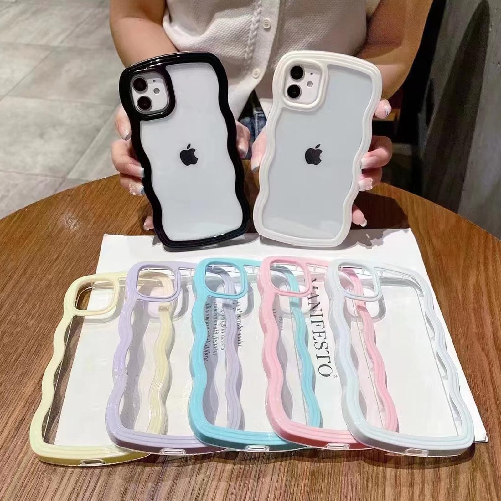 Clear Shockproof iPhone 15 Pro Case with Cute Curly Wave Frame - Soft Protective Phone Cover for Women & Girls (Black) | Perfect for Everyday Use, Travel & Gift Giving