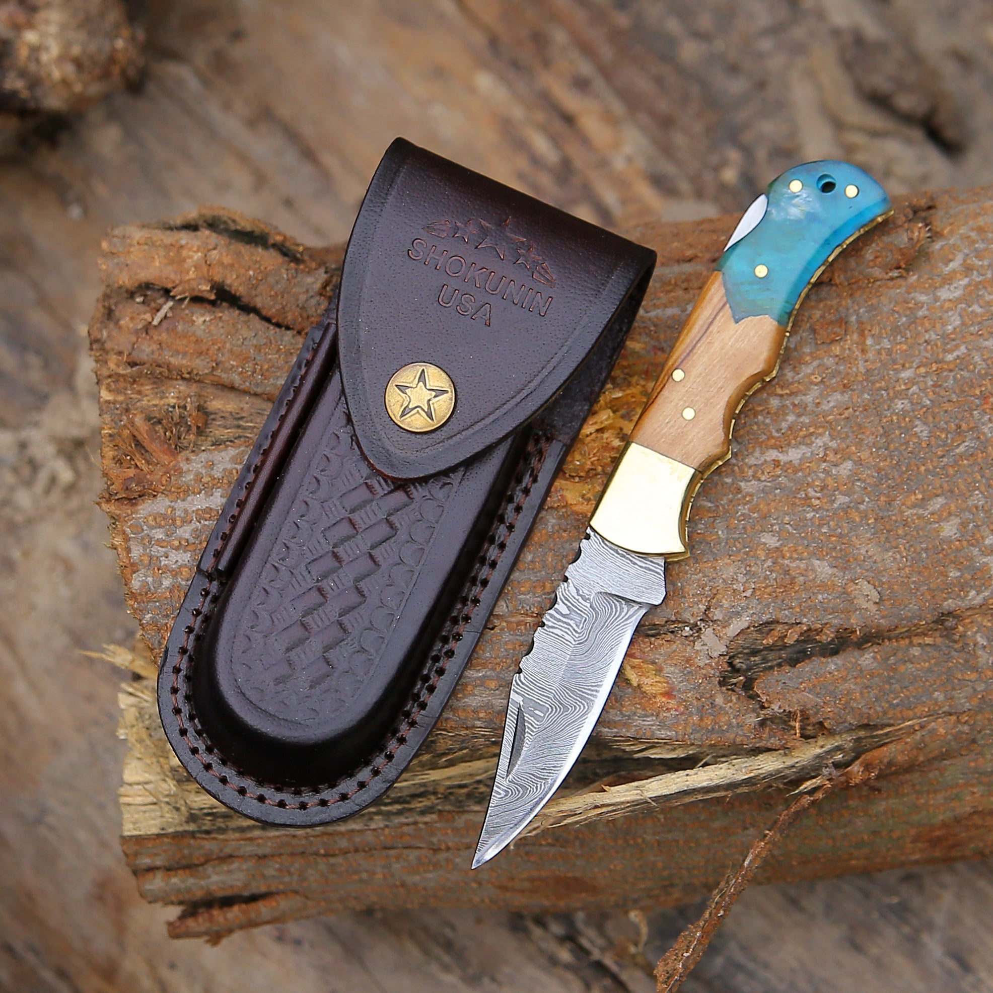 Premium Knight Pocket Knife - Olive Wood & Resin Handle Folding Knife - EDC, Camping, Hiking & Outdoor Survival Tool