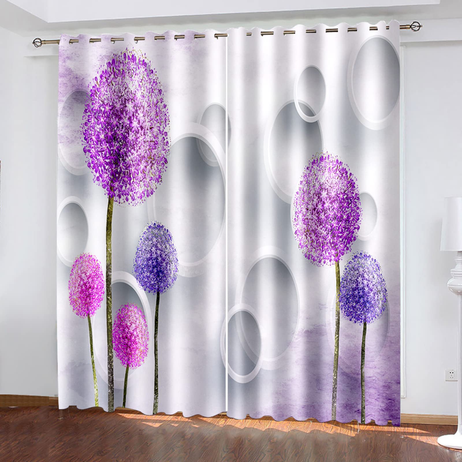 Nordic Geometric Circle Grommet Window Curtains - Purple Dandelion 3D Printed Thermal Insulated Blackout Curtains for Bedroom, Living Room & Kitchen - 2 Panels (63