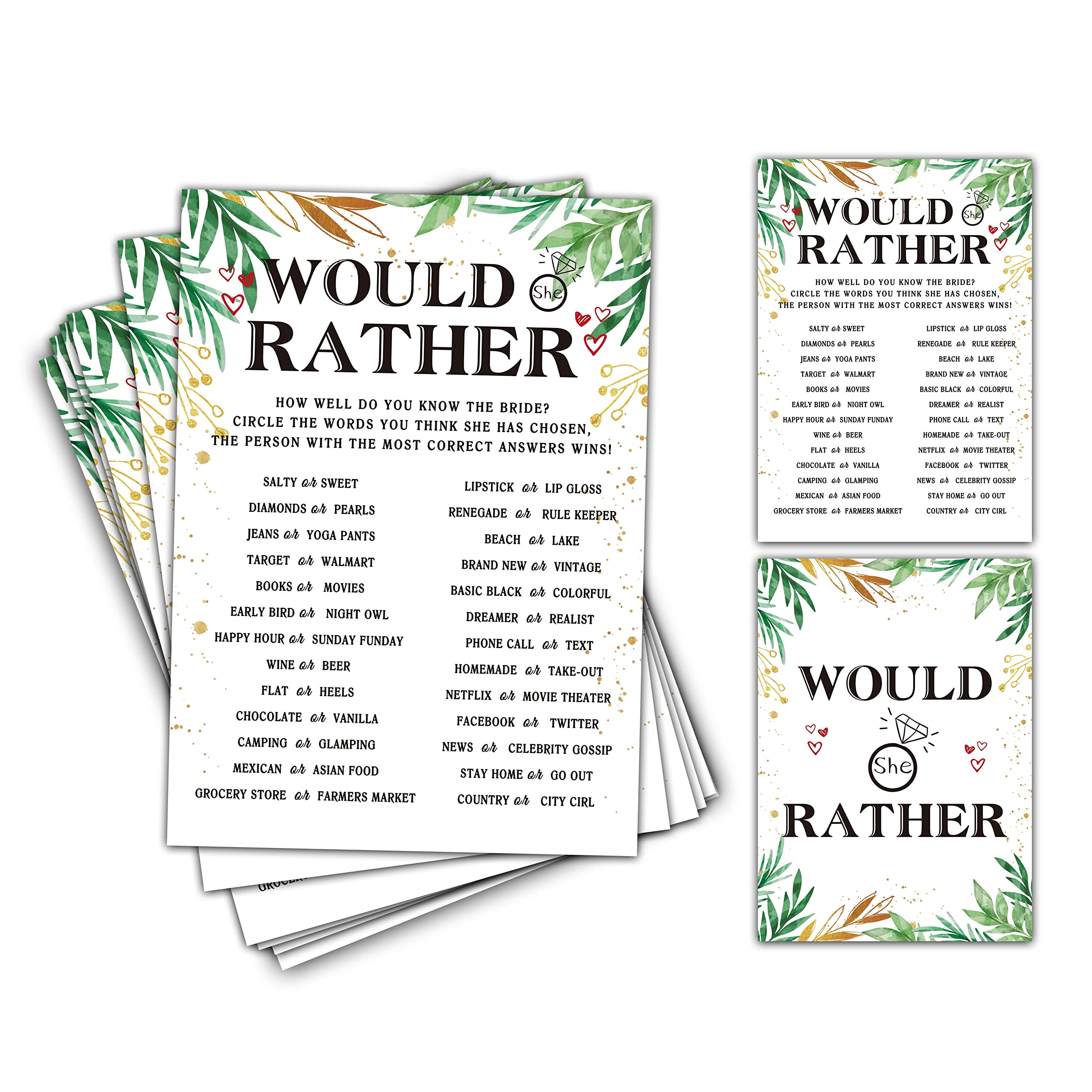 Would She Rather Wedding Party Game - 30 Pack Gold Foil Greenery Eucalyptus Bridal Shower Cards for Bachelorette & Engagement Parties - Fun Icebreaker Activities for Wedding Showers, Girls Night Out & Pre-Wedding Celebrations