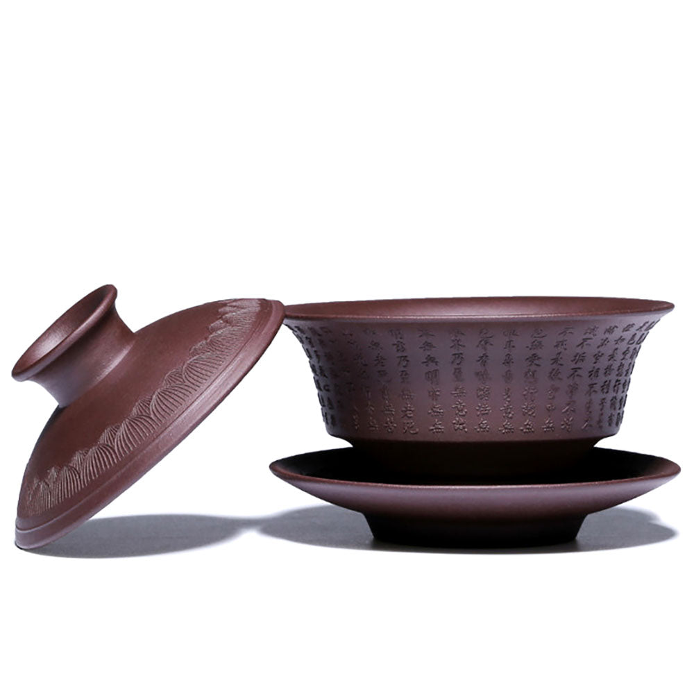 Yixing Purple Clay Heart Sutra Gaiwan - Chinese Ceramic Tea Set for Gongfu Brewing, Perfect for Meditation & Zen Tea Ceremony