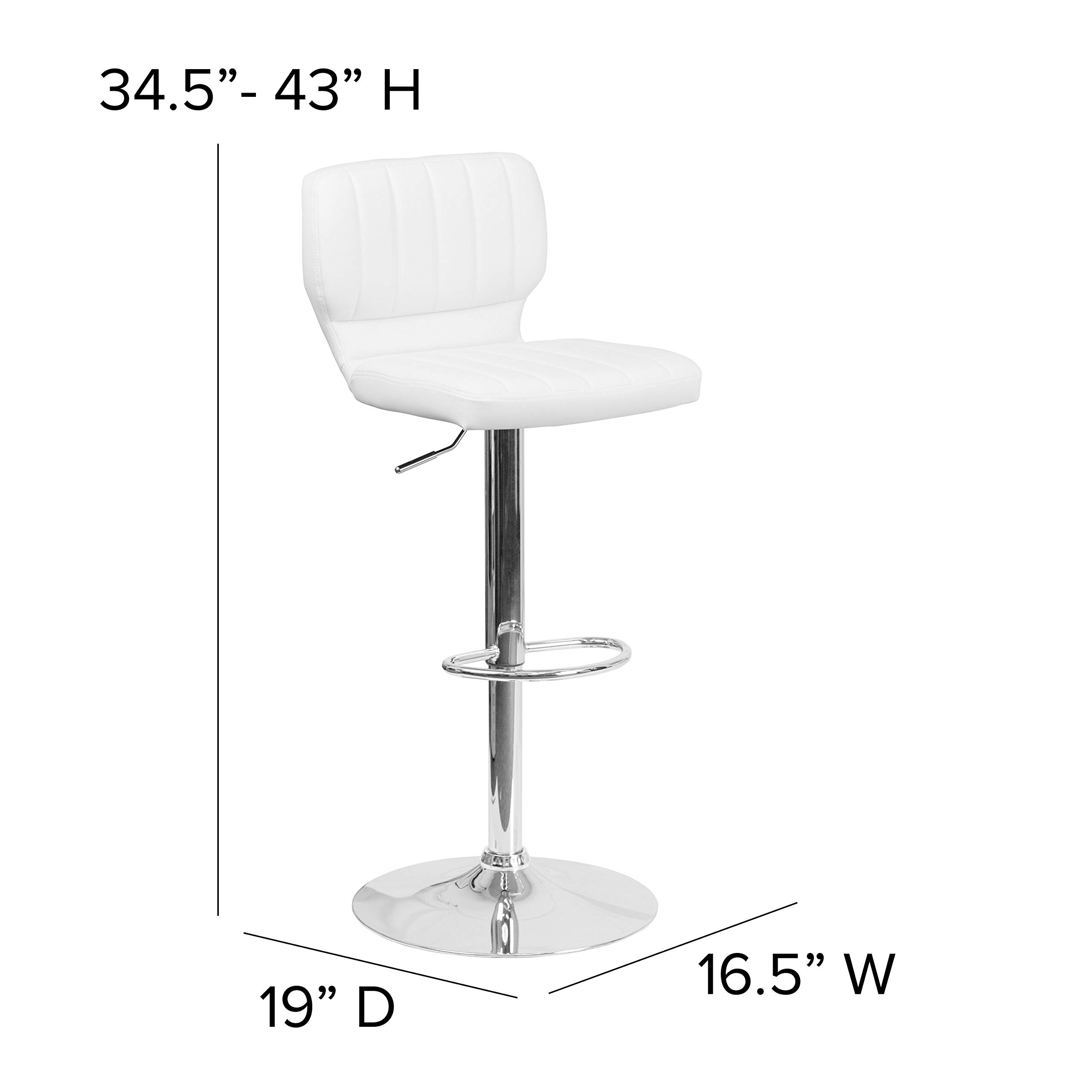 White Vinyl Adjustable Height Bar Stool with Vertical Stitching - Modern Kitchen Island & Breakfast Counter Stool for Home Decor