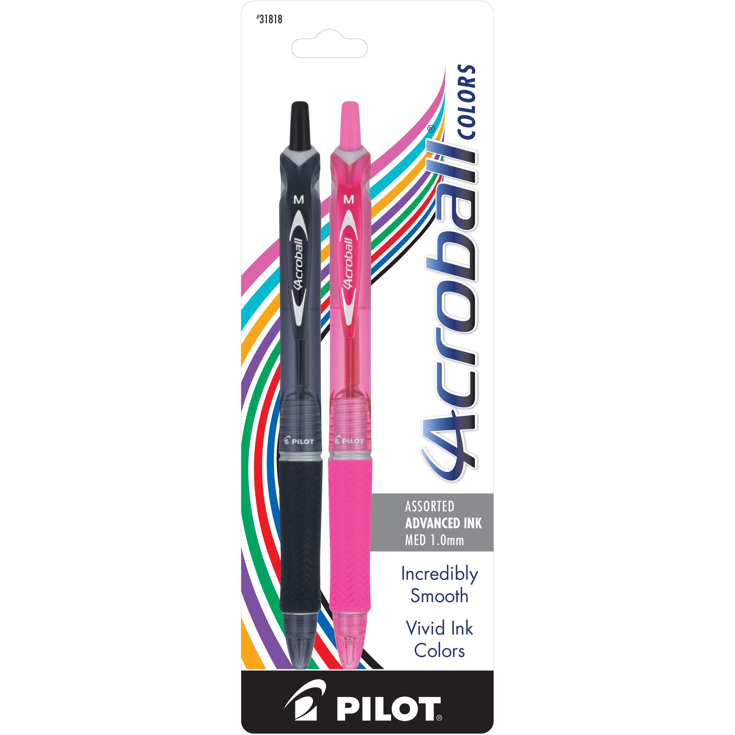 PILOT Acroball Colors Advanced Ink Refillable Retractable Ballpoint Pens - Medium Point (2-Pack) - Assorted Ink Colors - Perfect for Office, School & Note Taking
