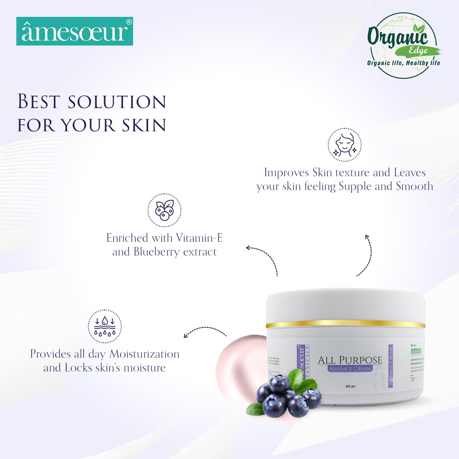 Amesoeur All-Purpose Massage Cream with Blueberry Extract & Vitamin E - Deep Hydration & Nourishment for Relaxation & Skin Care - 200g - Perfect for Spa, Home Massage & Dry Skin Relief