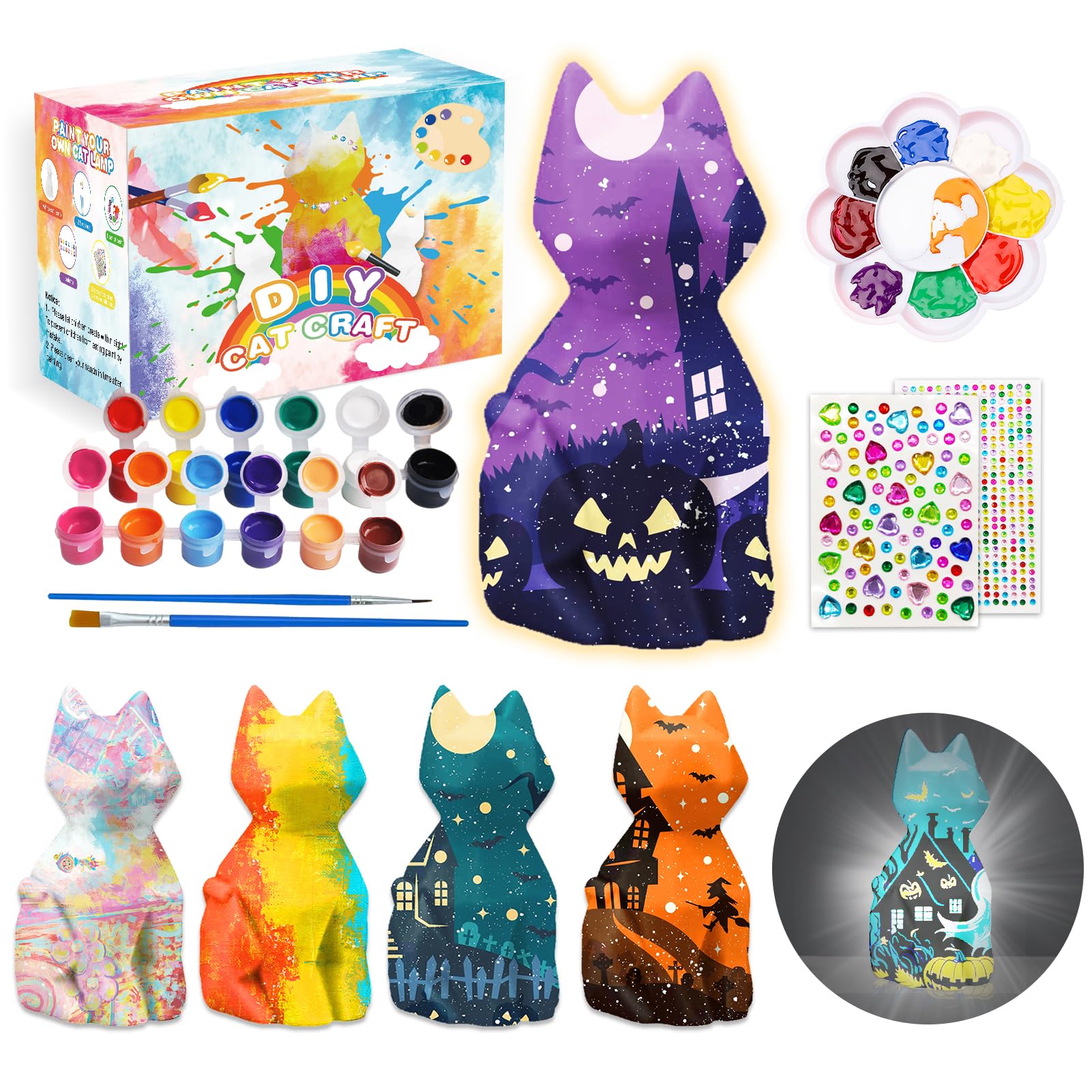 Paint Your Own Cat Lamp Art Kit - DIY Painting Crafts for Kids Ages 4-12, Cool Cat Night Light Craft Set with Supplies, Creative Arts Project for Teen Girls & Boys, Halloween Birthday Gifts for Bedroom Decor, Party Activities & Relaxation Therapy