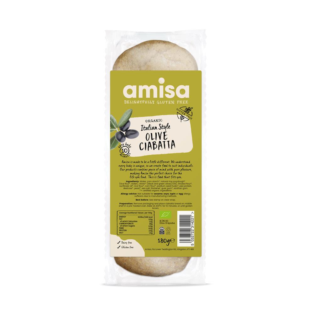 Amisa Organic Olive Ciabatta Bread - 180g | Artisan Italian Olive Bread | Perfect for Sandwiches, Appetizers & Charcuterie Boards
