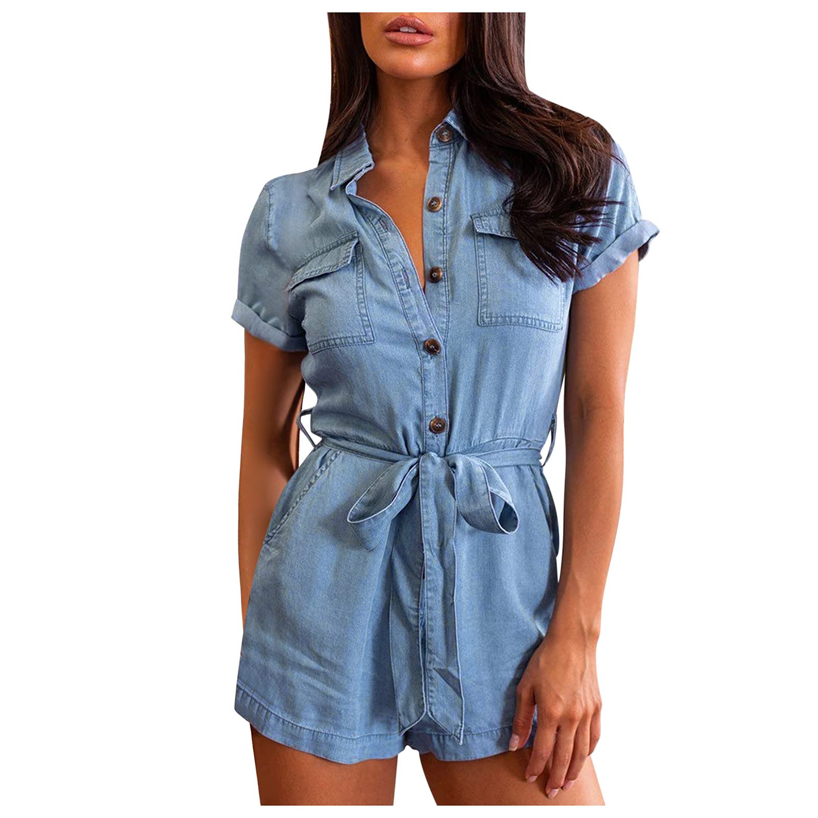 Women's Denim Short-Sleeve Jumpsuit with Lapel Collar - Loose Fit Casual Romper for Summer | Perfect for Beach Outings, Streetwear & Everyday Comfort