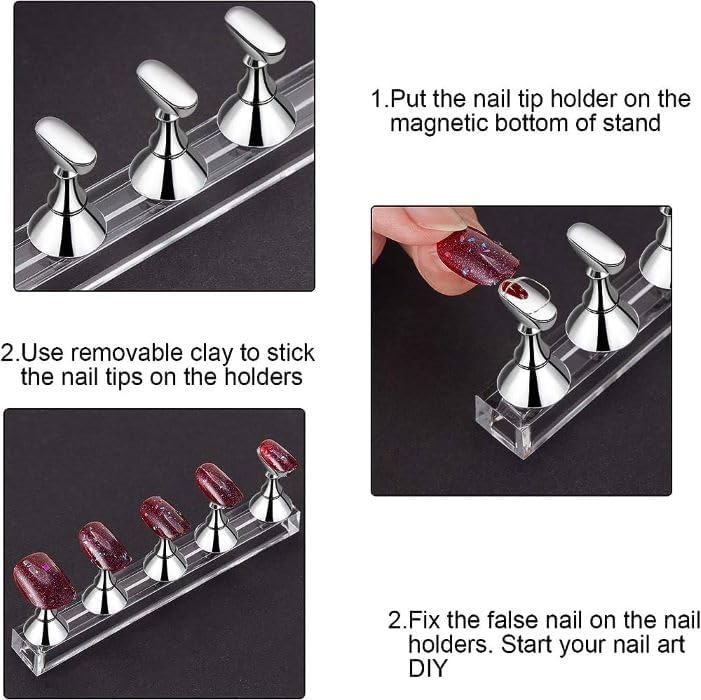 Magnetic Acrylic Nail Stand - 1 Set Silver Nail Art Display Holder for False Tips Practice & DIY Manicure | Perfect for Salon, Home Use & Nail Art Enthusiasts