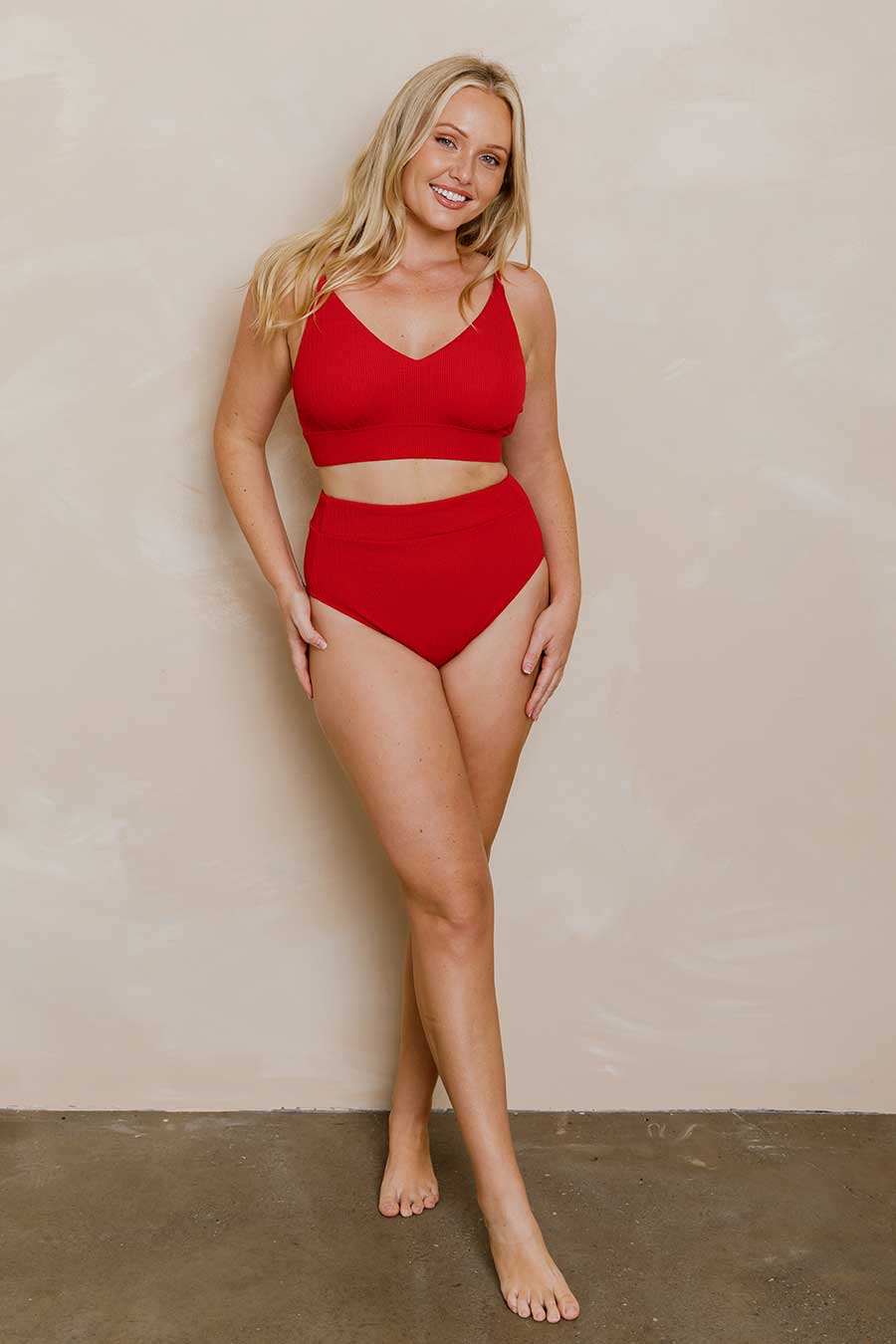 Byron High Waisted Bikini Bottom - Red Textured Swimwear for Women | Beach, Pool & Summer Vacation Essentials