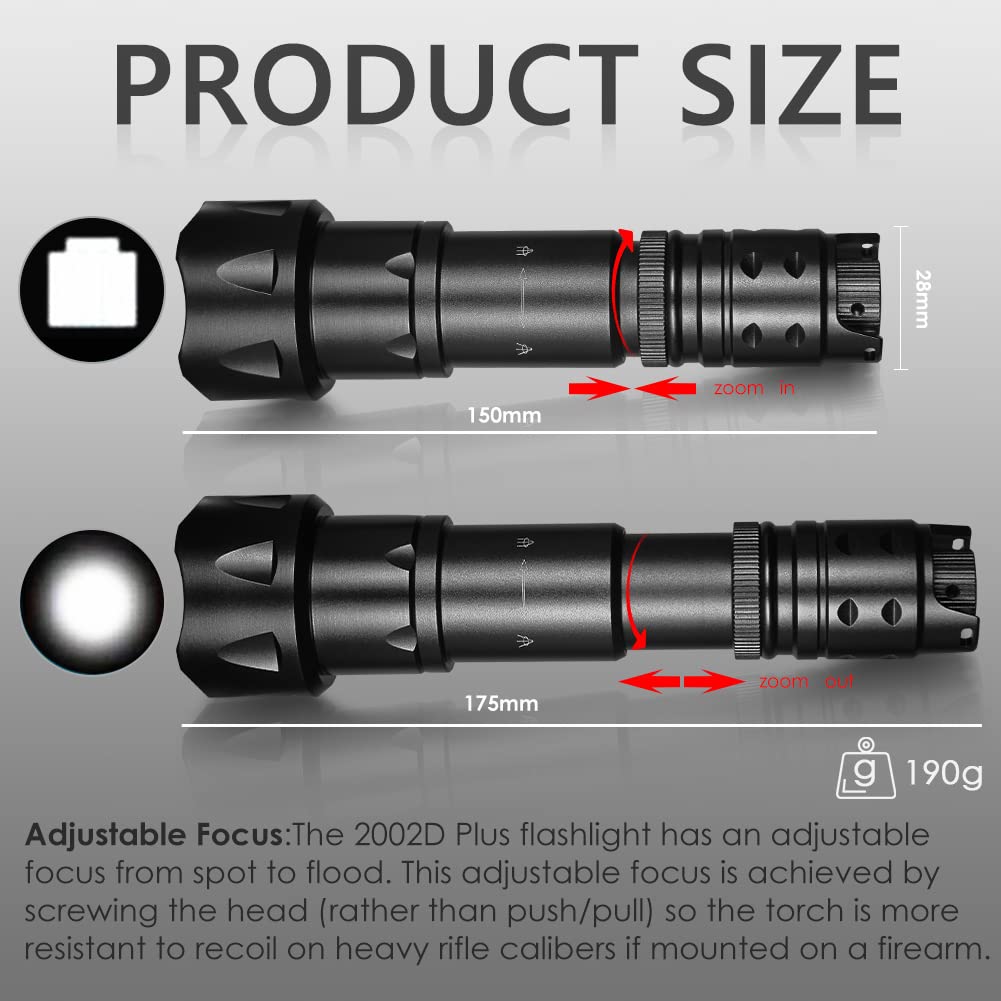 UniqueFire 2002D Rechargeable Green Flashlight for Night Hunting - Zoomable Fresnel Lens with Rapid Dimmer Switch & Mounting Bracket - Perfect for Hog, Coyote and Predator Hunting - Ideal for Outdoor, Camping and Security Use
