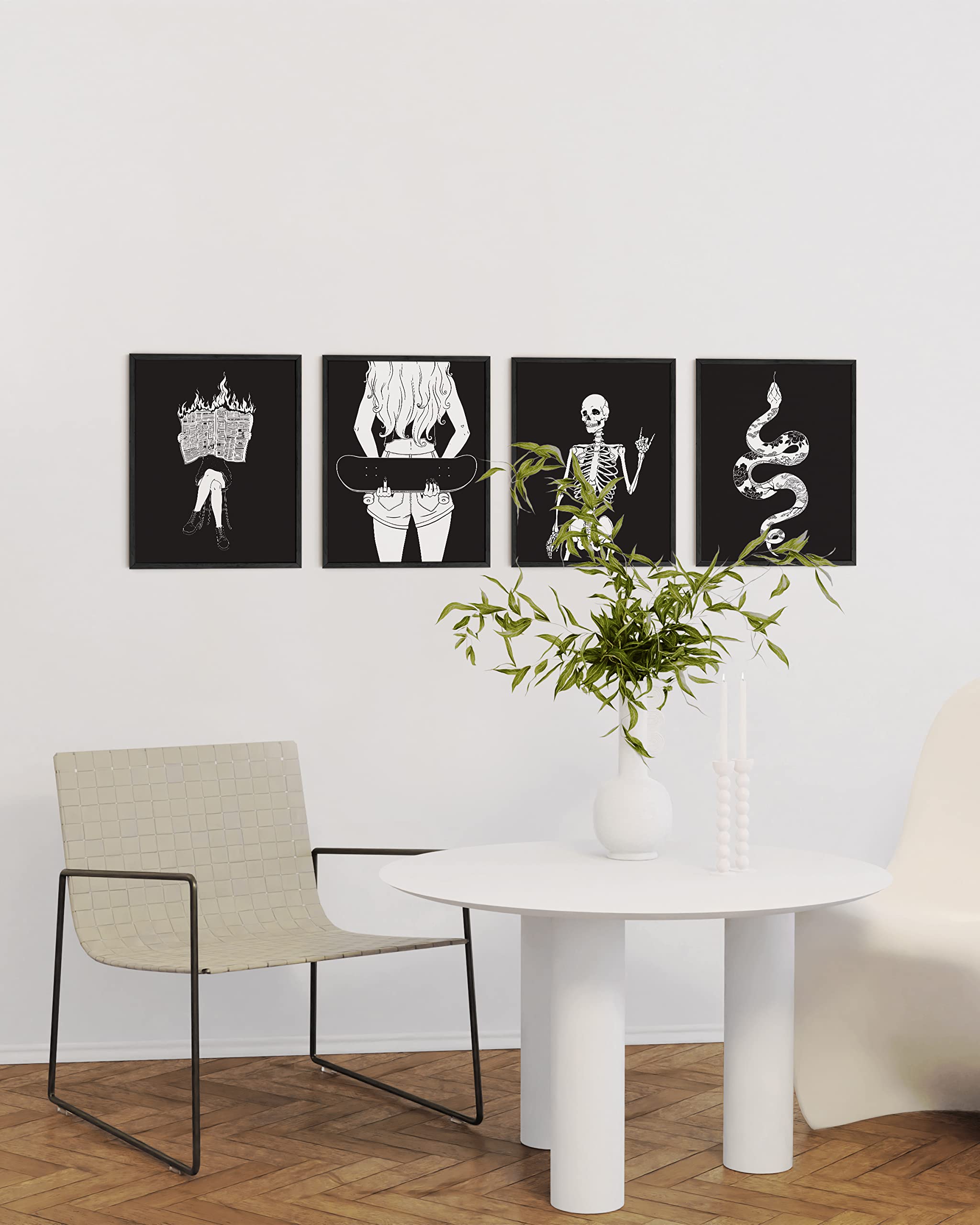 HAUS AND HUES Edgy Black and White Skull Art Prints Set of 4 - 16x20 Framed Gothic Wall Decor for Halloween, Witchy Aesthetic Bedroom, Teen Girls Room & Goth Home Decor | Perfect for Spooky Parties, Dark Academia Themes & Alternative Interior Design