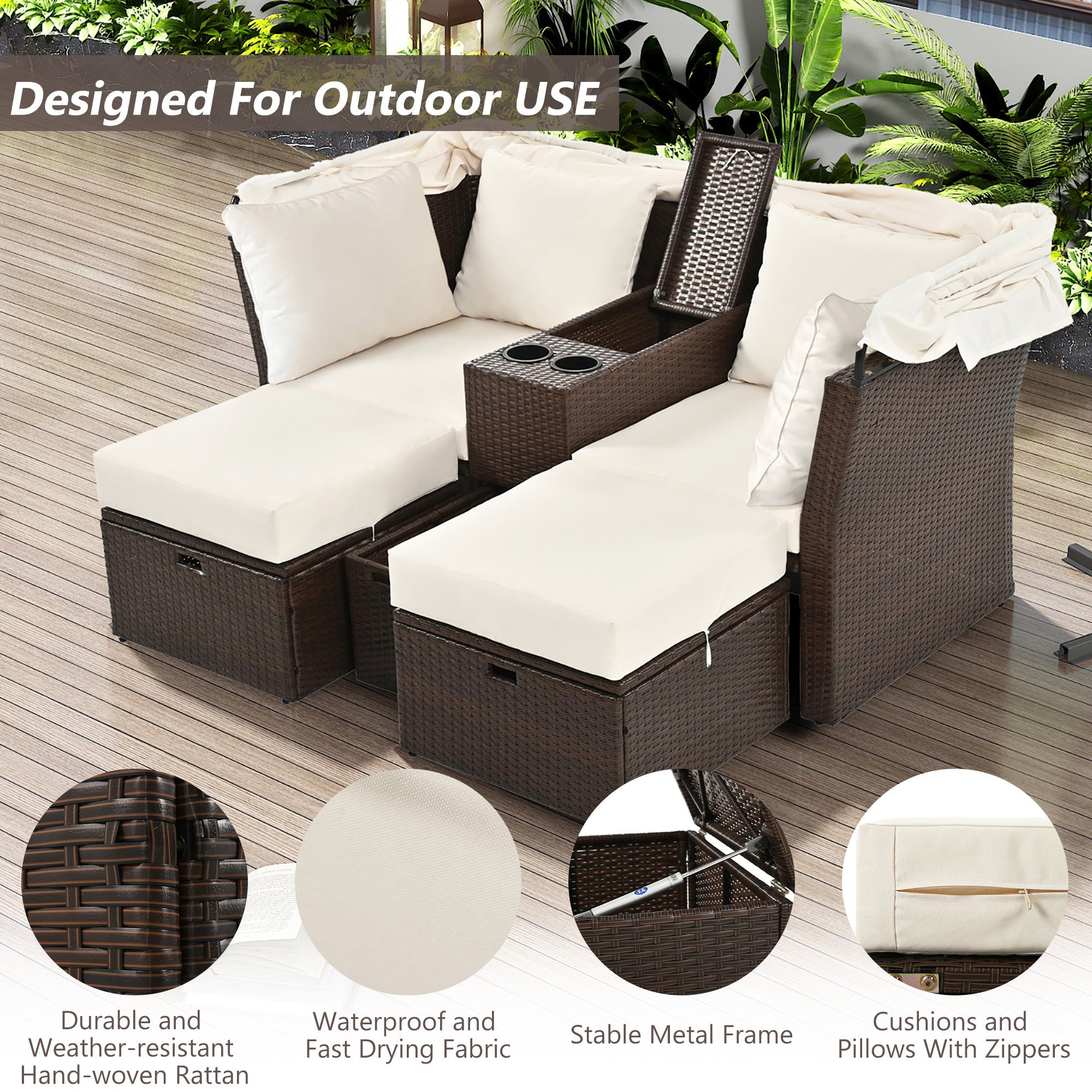 2 Seater Outdoor Patio Daybed with Foldable Awning & Cushions - Double Loveseat Sofa Set for Garden, Balcony, Poolside - Perfect for Relaxing, Sunbathing & Outdoor Lounging (Beige)