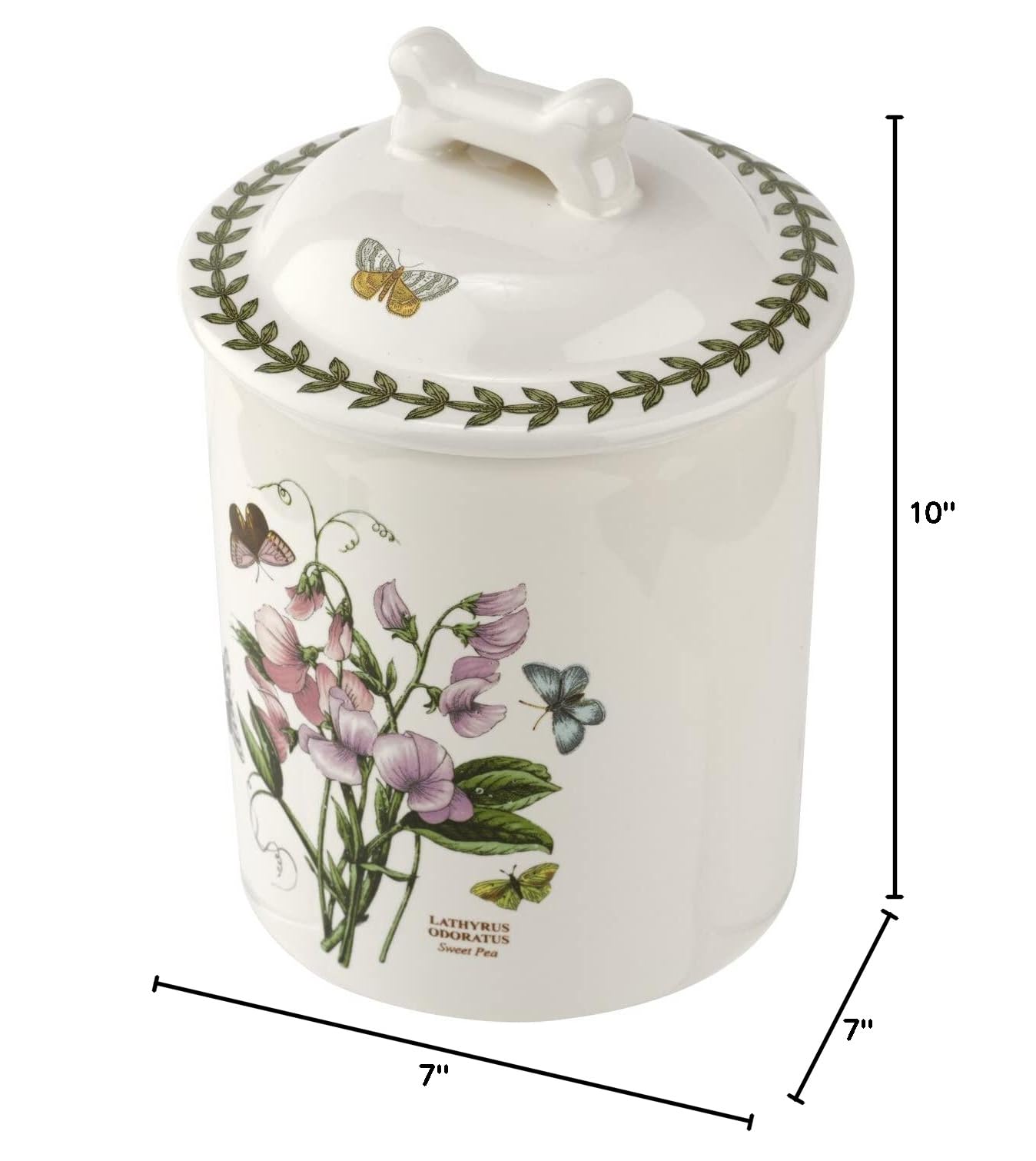 Portmeirion Botanic Garden 7-Inch Pet Treat Jar - Sweet Pea Design with Bone-Shaped Handle, Premium Porcelain Pet Food Storage Container - Dishwasher, Microwave & Freezer Safe for Dog Treats, Cat Snacks & Kitchen Organization