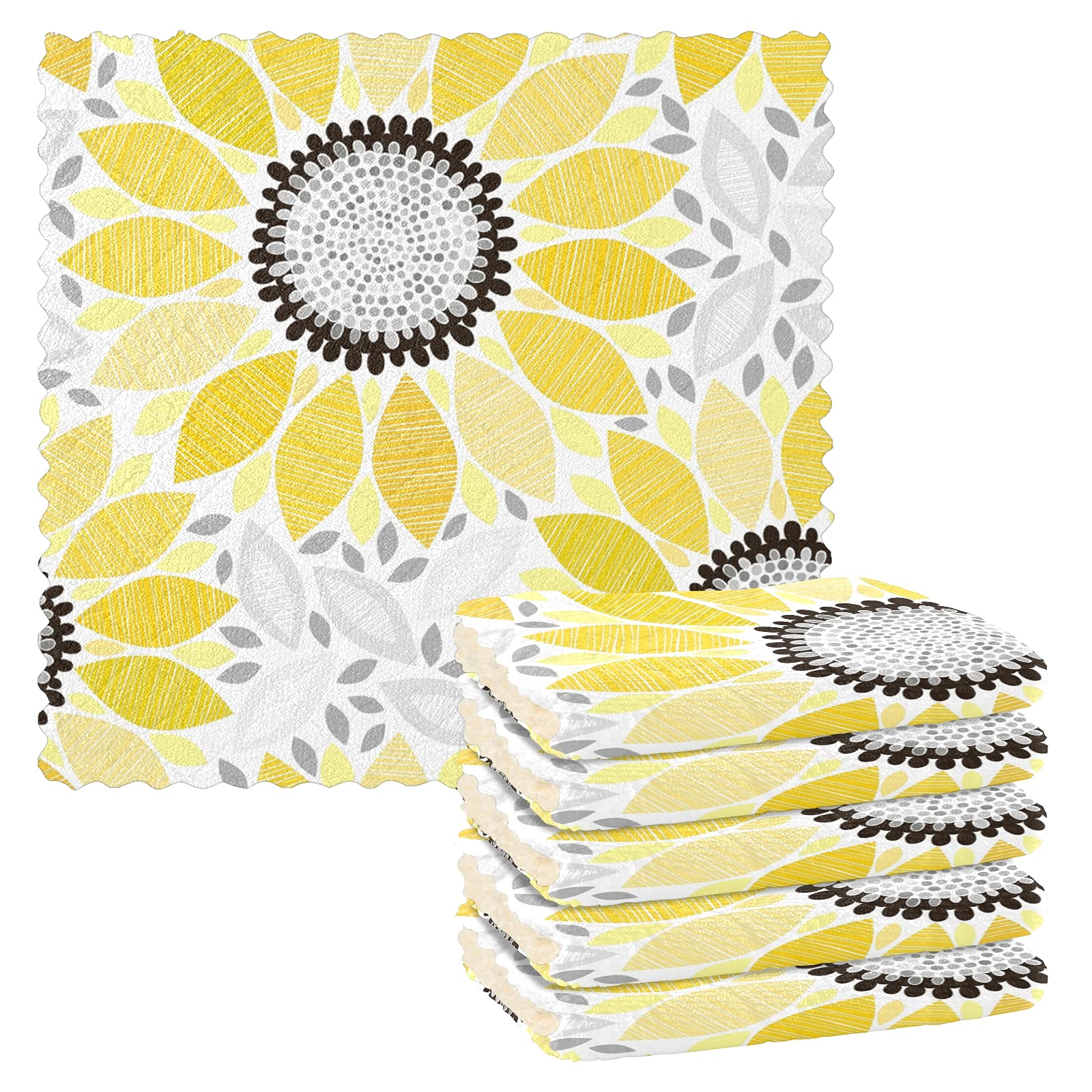SUABO Sunflower Printed Kitchen Towels - 6 Pack Reusable Dish Cloths & Cleaning Rags | Absorbent & Durable for Washing Dishes, Drying Hands & Kitchen Cleaning