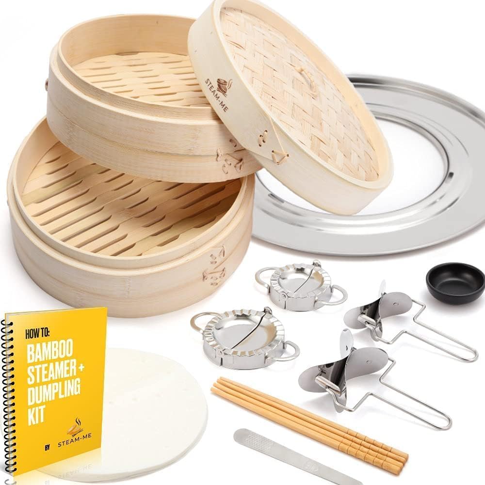 10 Inch Bamboo Steamer Basket with Steamer Ring - Perfect for Dumplings, Bao Buns, Dim Sum & More - Includes 2 Dumpling Molds, 40 Liners & Accessories - Ideal for Asian Cooking, Home Kitchen & Healthy Meal Prep
