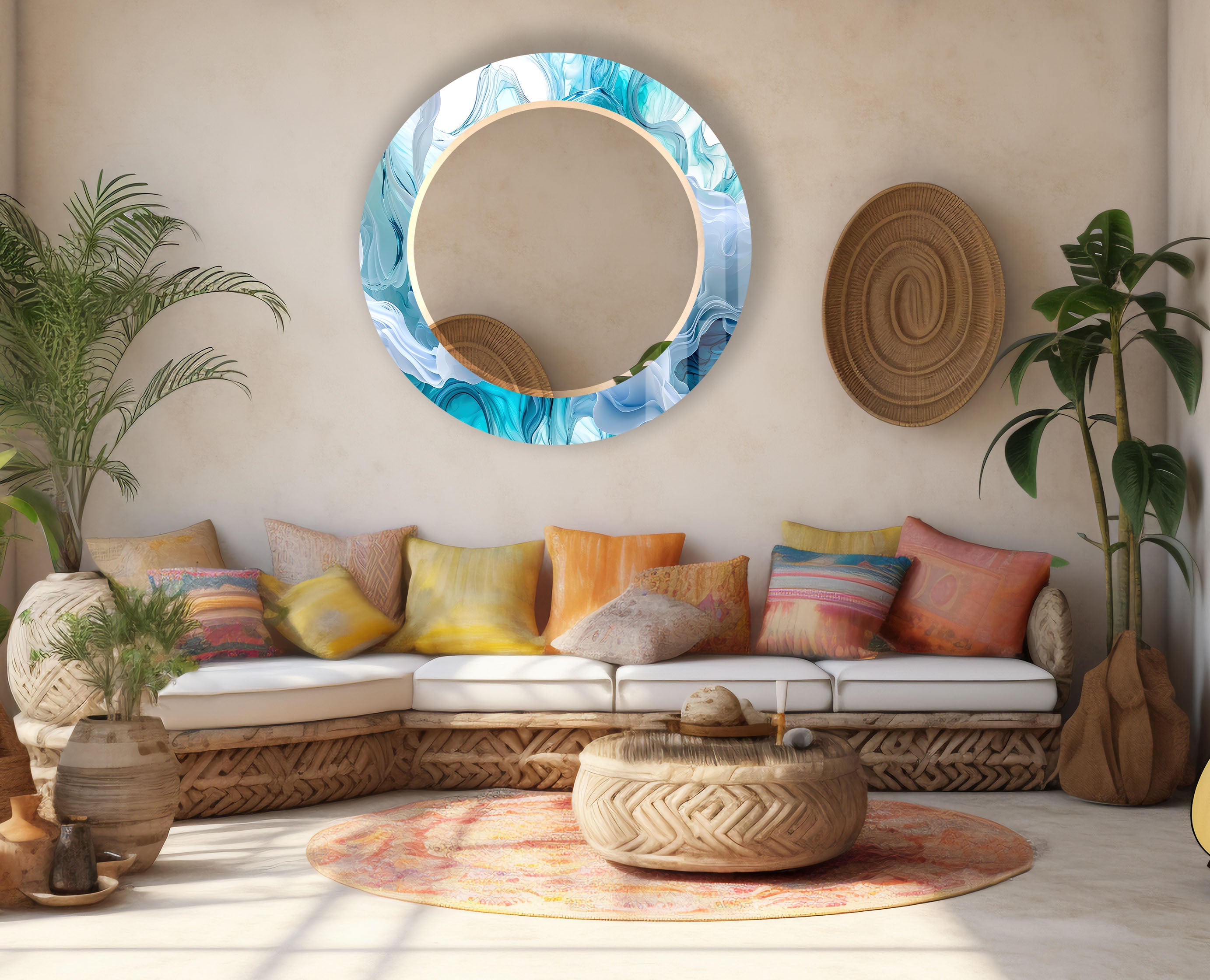 Aqua Blue Swirl Round Wall Mirror - Ocean Inspired Glass Frame for Coastal Home Decor | Bathroom, Bedroom & Living Room Wall Art | Nautical Themed Decor
