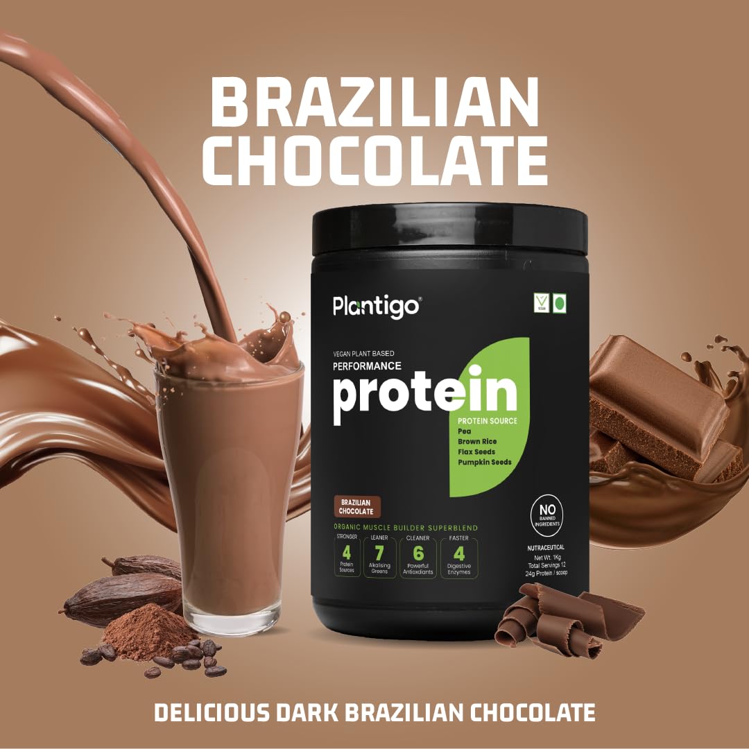 Plantigo Clean Plant Protein Powder - Vegan Protein Blend with Pea, Brown Rice, Flax & Pumpkin | 21 Superfoods, No Preservatives or Banned Substances | Brazilian Chocolate Flavor (1kg) for Men & Women - Perfect for Post-Workout Recovery, Smoothies & Healthy Meal Replacement