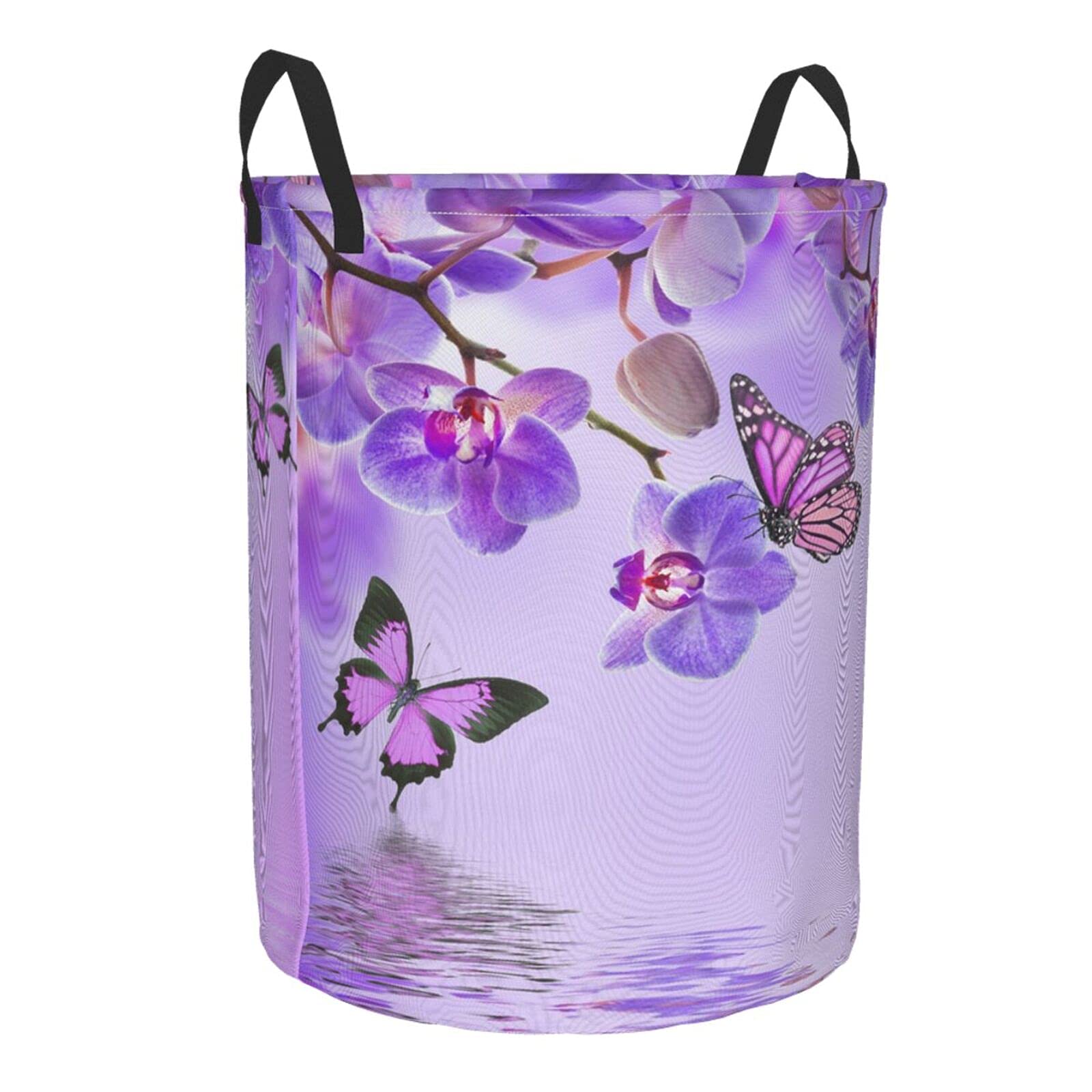 Purple Butterfly Floral Collapsible Laundry Basket with Handles - Waterproof Fabric Hamper for Clothes, Toys & Bathroom Storage - Foldable Organizer Bin for Dirty Laundry, Bedroom & Dorm Room Use
