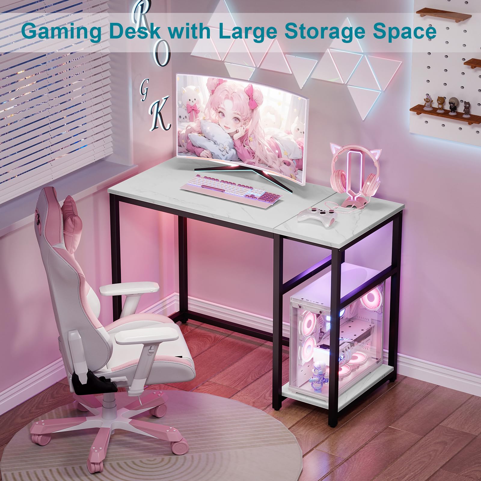 SINPAID 40-inch Modern Computer Desk with 2-Tier Shelves - Sturdy Home Office Desk, Gaming & Study Table with Large Storage Space - Black Marble & White Marble Finish - Perfect for Small Spaces, Dorm Rooms & Home Offices
