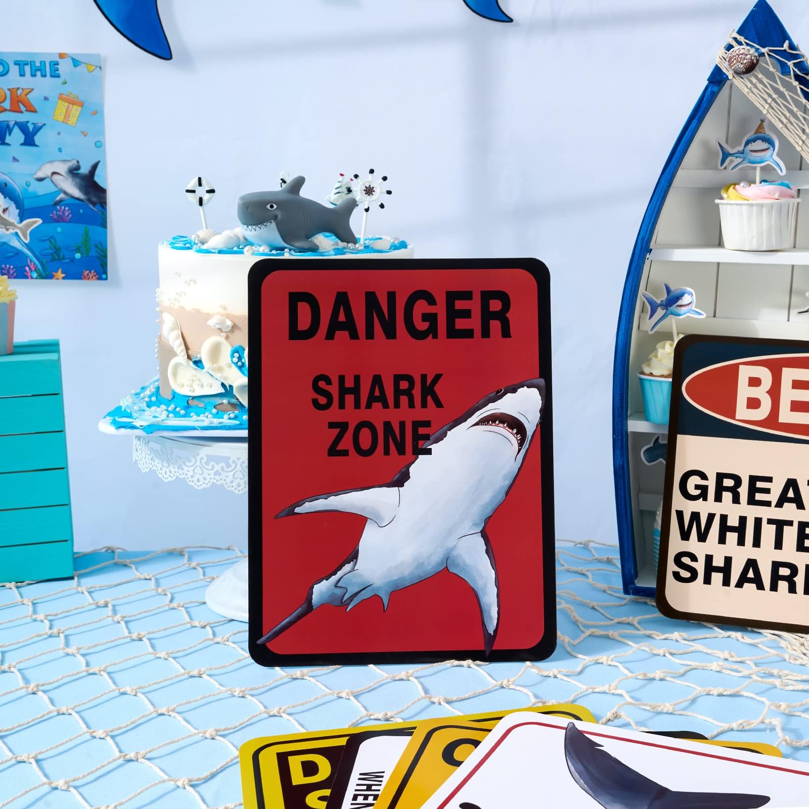 WERNNSAI Shark Zone Party Decorations - 9 PCS Shark Birthday Wall Decor, Posters & Warning Signs for Boys Kids Ocean Theme Party Supplies | Perfect for Underwater Birthday, Baby Shower & Classroom Decor