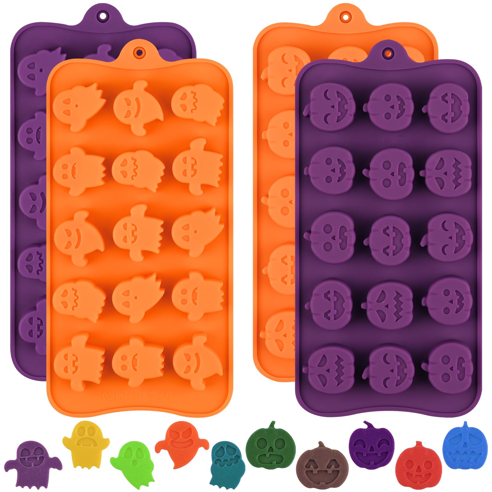 HUAKENER 4 Pack Halloween Silicone Molds - Pumpkin, Ghost Chocolate Candy Molds for Baking, DIY Treats, Wax Melts & Ice Cubes - Perfect for Halloween Party Decorations & Dessert Making