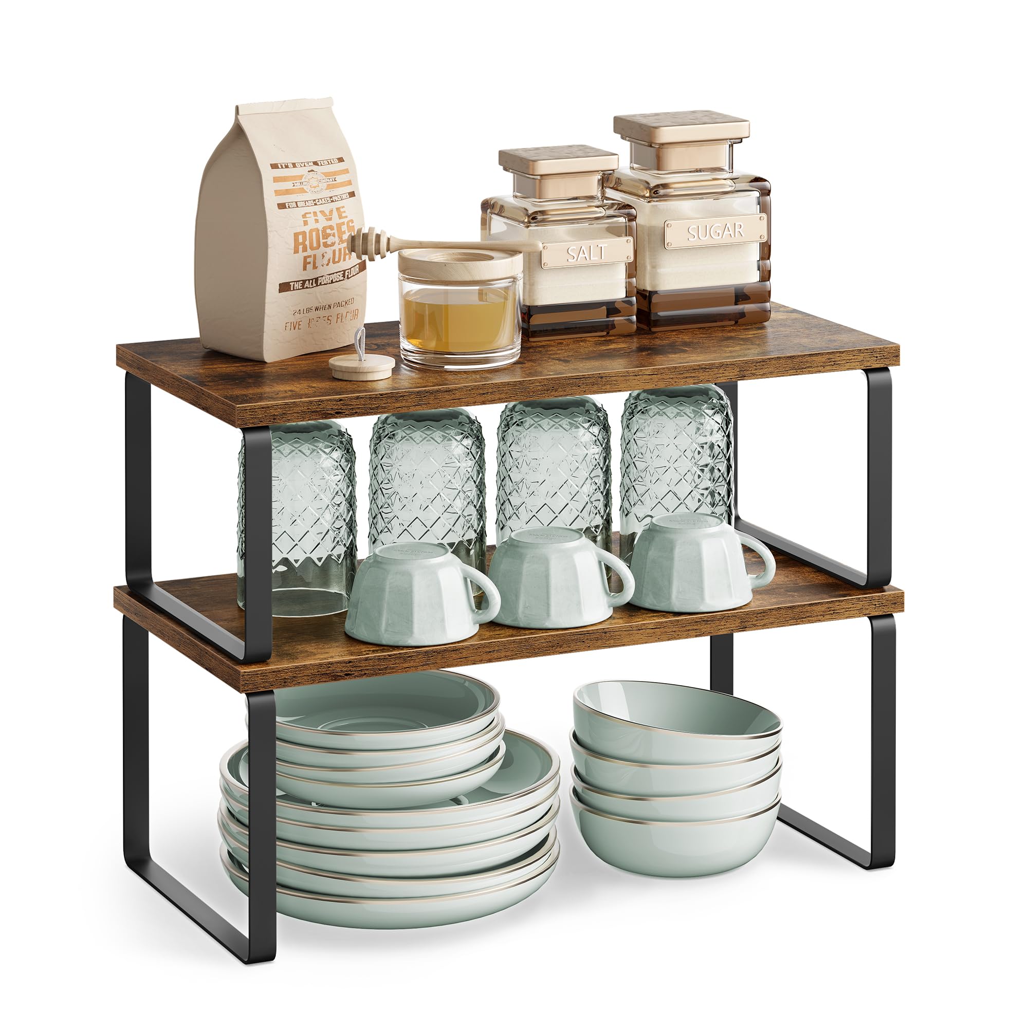 SONGMICS 2-Pack Stackable Expandable Cabinet Organizer Shelf - Metal & Engineered Wood Kitchen Storage Spice Rack in Ink Black & Rustic Brown for Pantry, Bathroom, Garage Organization UKCS200X01