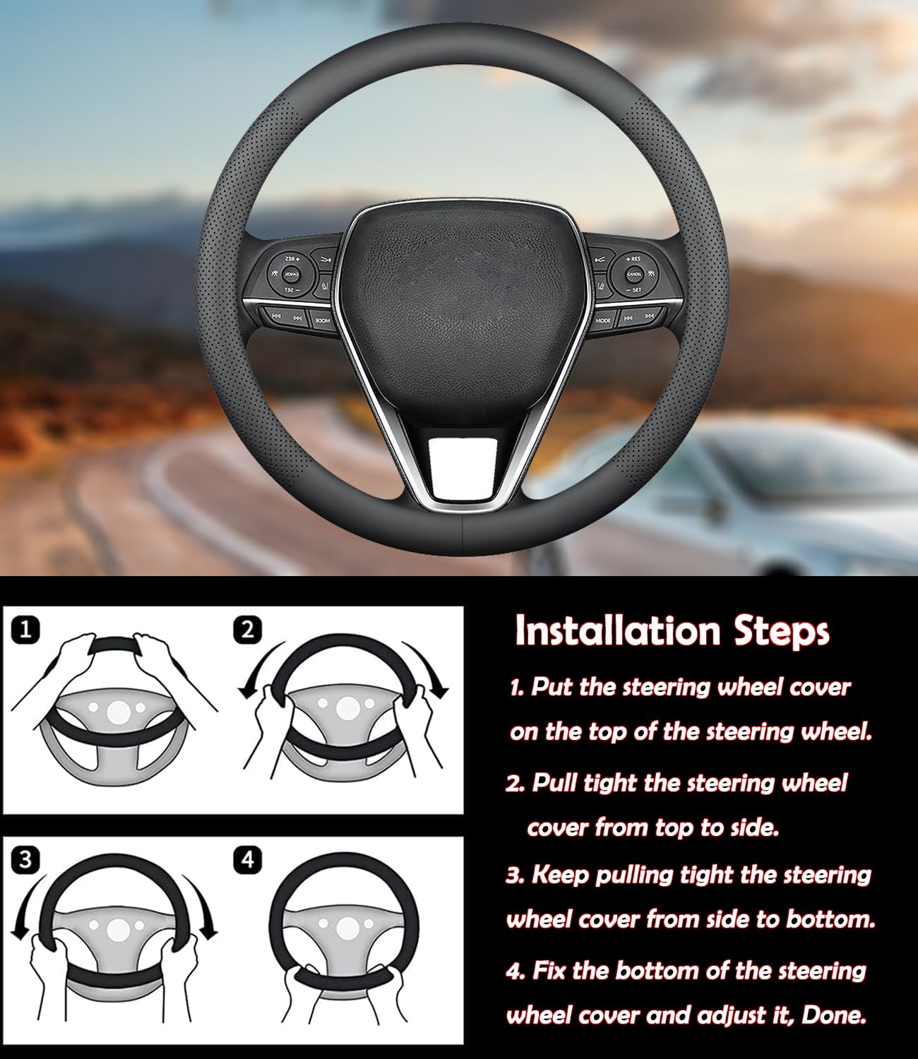 Premium Leather Steering Wheel Cover for Toyota Camry, RAV4, Corolla, Highlander - Universal Fit for 2025 Models | Non-Slip Grip & Comfortable Driving Experience | Perfect for Commuting, Road Trips & Daily Use (Black)