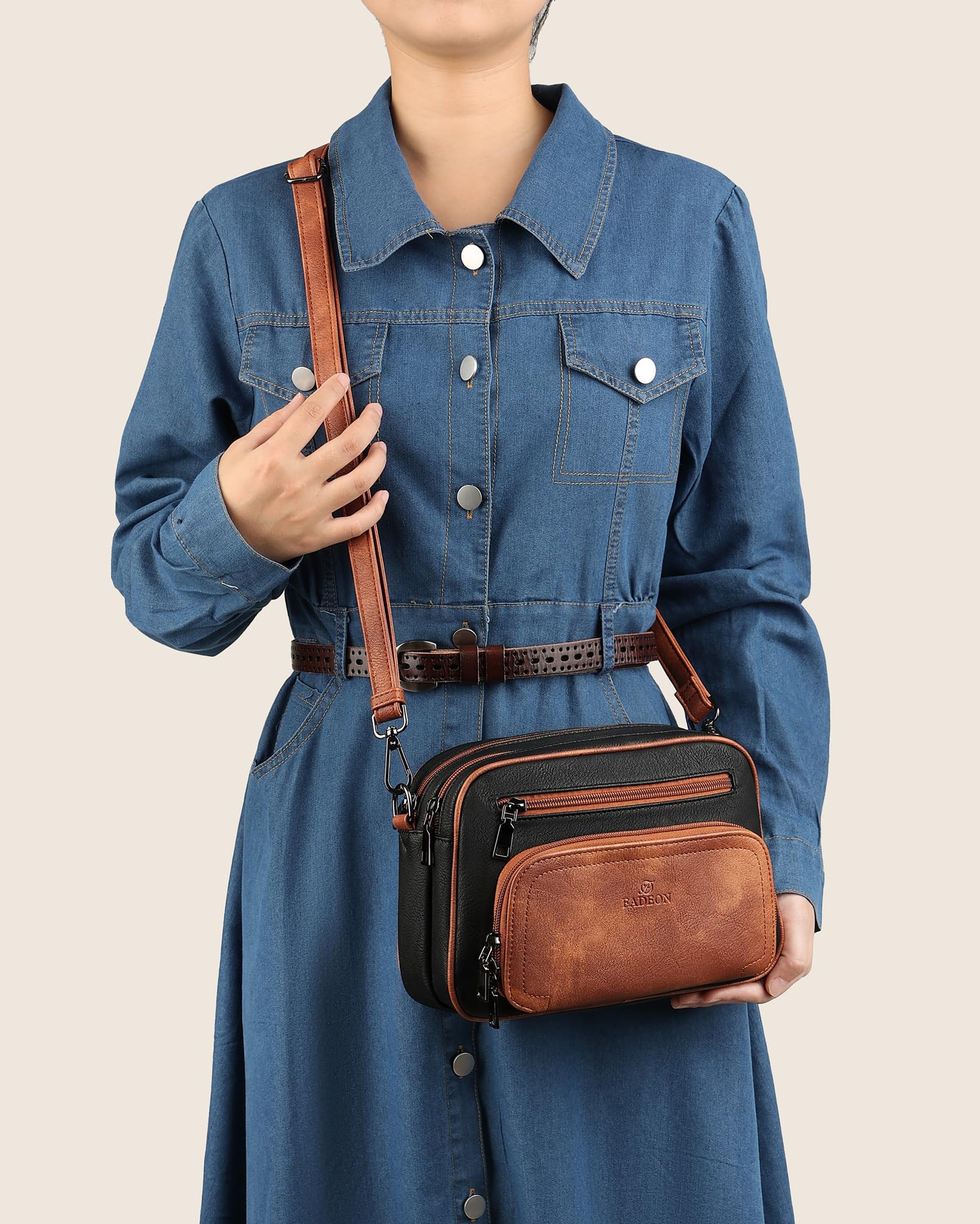 FADEON Women's Leather Crossbody Bag with Multi-Pockets - Adjustable & Removable Strap, Stylish Shoulder Purse for Daily Use, Travel, Shopping & Work