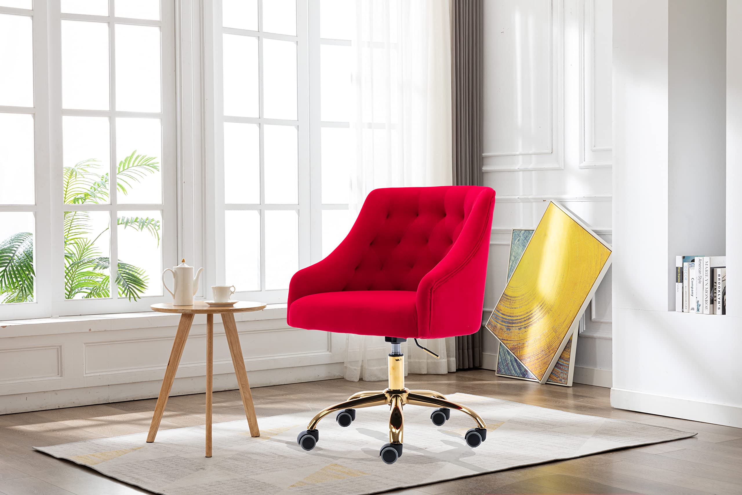 Ergonomic Velvet Swivel Office Chair - Adjustable Height Rolling Desk Chair for Home Office, Makeup Vanity, Living Room & Bedroom - Comfortable Task Chair with Wheels (Red) - Perfect for Remote Work, Gaming & Beauty Routines