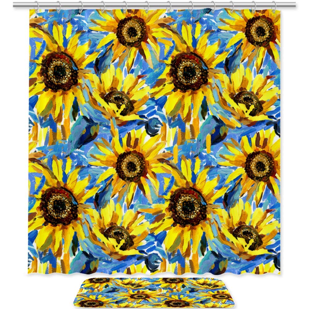 AISSO Shower Curtain Set with Bath Mat and Hooks - Black-Eyed Susan Floral Design Waterproof Fabric Bathroom Decor for Modern Home & Spa-Like Retreat