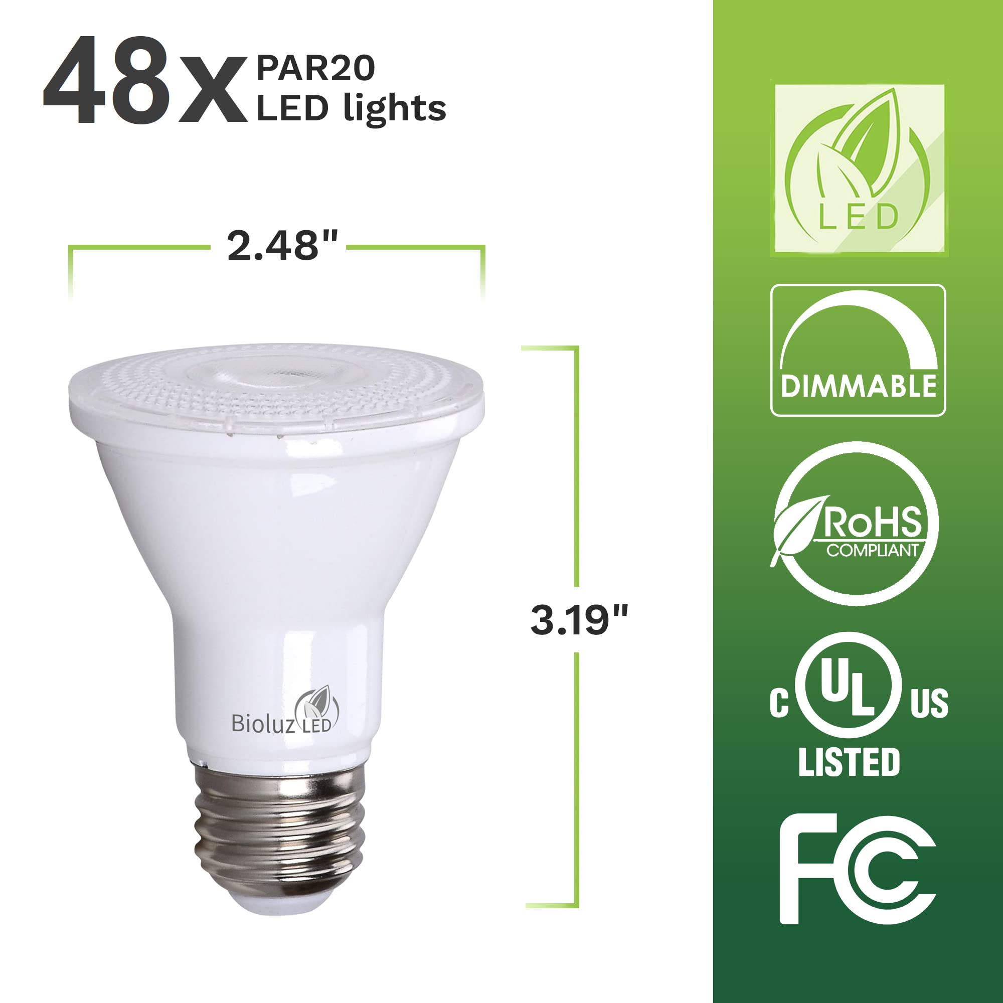 Bioluz LED PAR20 Bulbs 5000K Daylight 90 CRI - 5.5W Equivalent to 75W Dimmable LED Light Bulbs - 500 Lumens, UL Listed, Title 20 Compliant - 48 Pack for Home, Office & Commercial Lighting - Energy Saving Replacement for Incandescent Bulbs