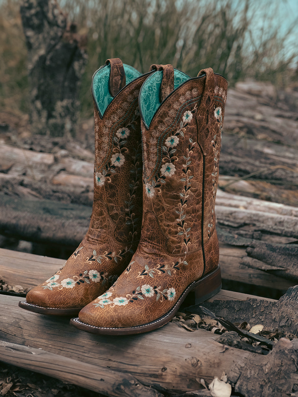 Glow in the Dark Floral Embroidery Distressed Cognac Square Toe Cowboy Boots for Women - Perfect for Country Music Festivals, Night Rides & Western Fashion