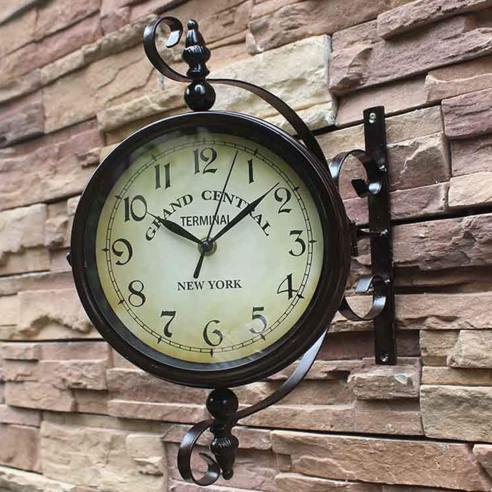 Vintage Double Sided Wall Clock - 360° Rotating Silent Wrought Iron Bracket Clock for Indoor & Outdoor Use | Perfect for Living Room, Bedroom, Garden, and Patio Decor