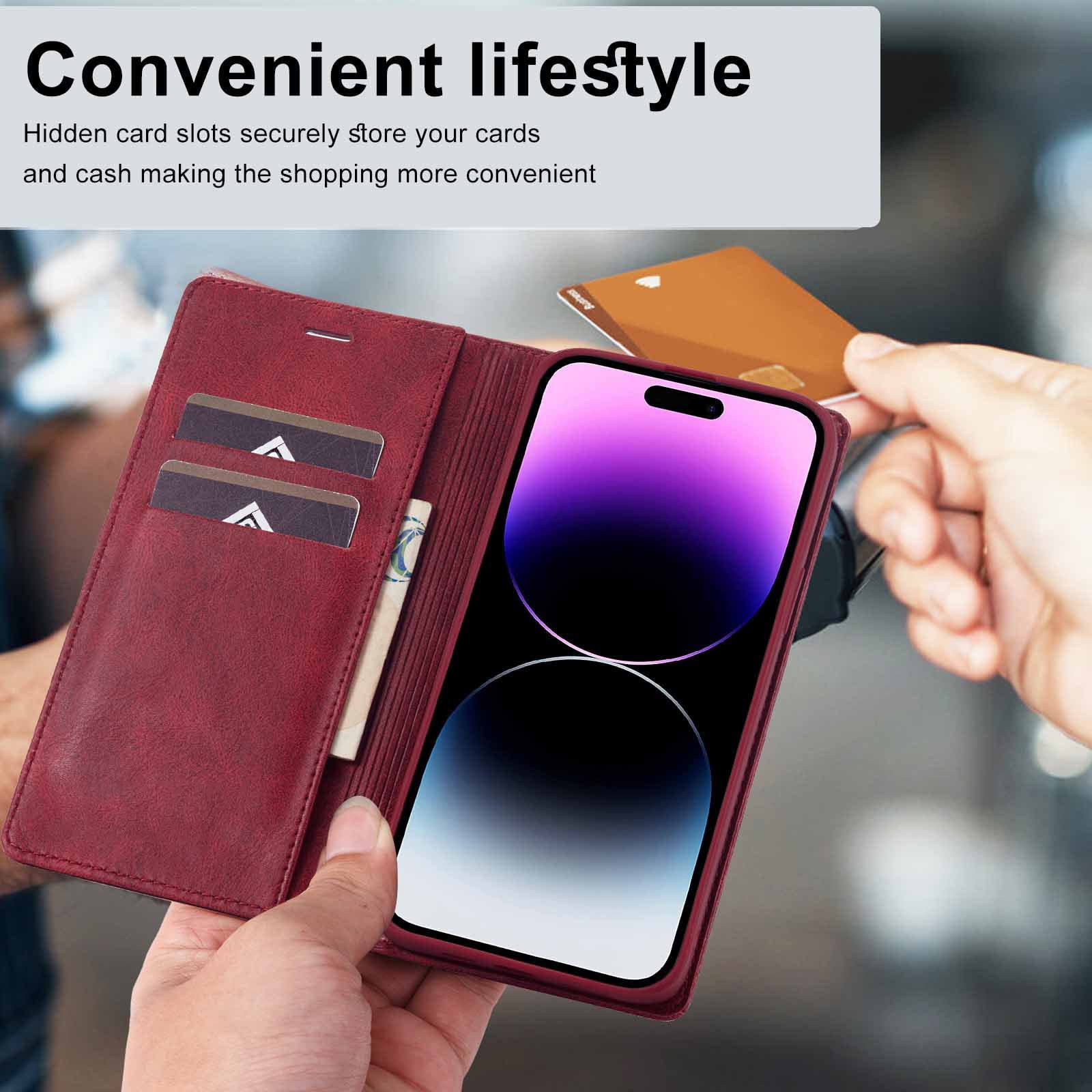 Premium Leather JabrOn Wallet Case for iPhone 14/14 Plus/14 Pro/14 Pro Max - Magnetic Flip Cover with Card Holder, Kickstand & TPU Protection (Red) - Perfect for Business, Travel & Everyday Use