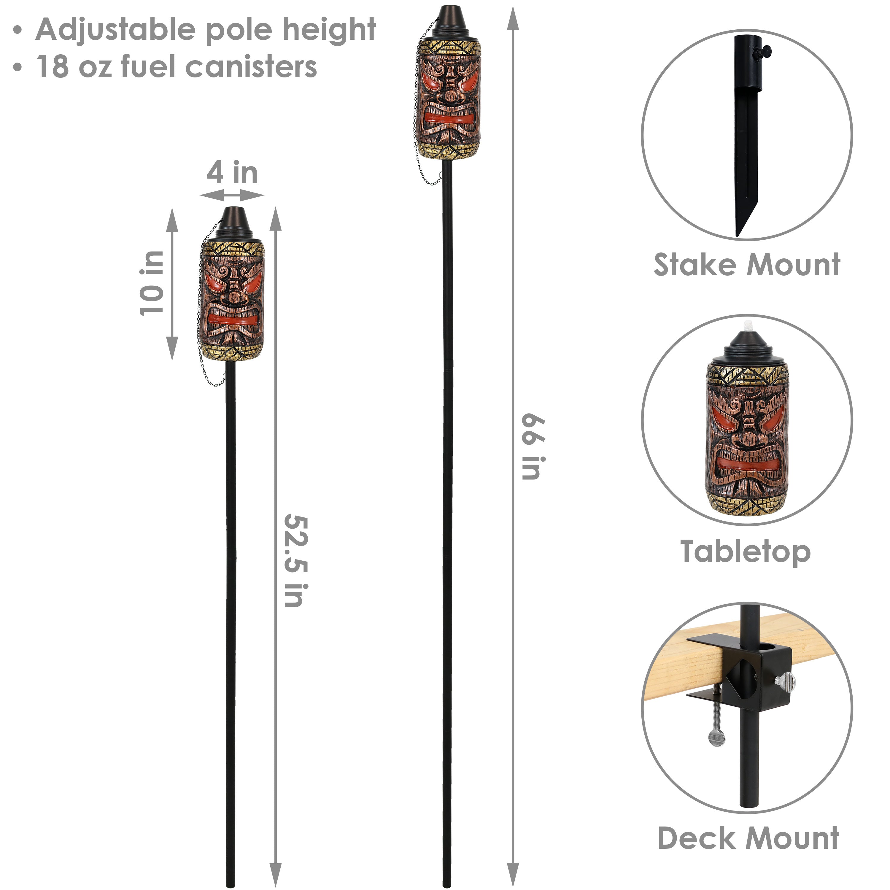 Sunnydaze 3-in-1 Tiki Face Outdoor Patio Torch - Decorative Garden, Backyard, and Poolside Lighting for Tropical Ambiance