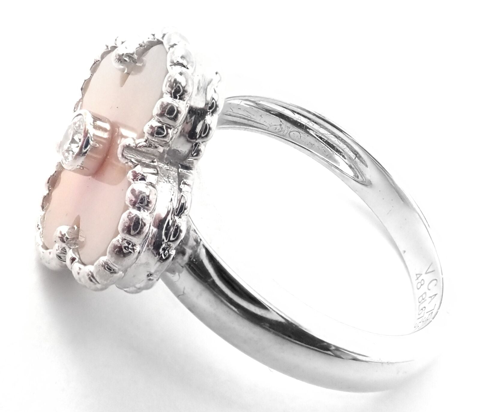 Authentic Van Cleef & Arpels Alhambra 18k White Gold Pink Opal Diamond Ring - Luxury Jewelry for Women, Perfect for Weddings, Anniversaries & Special Occasions
