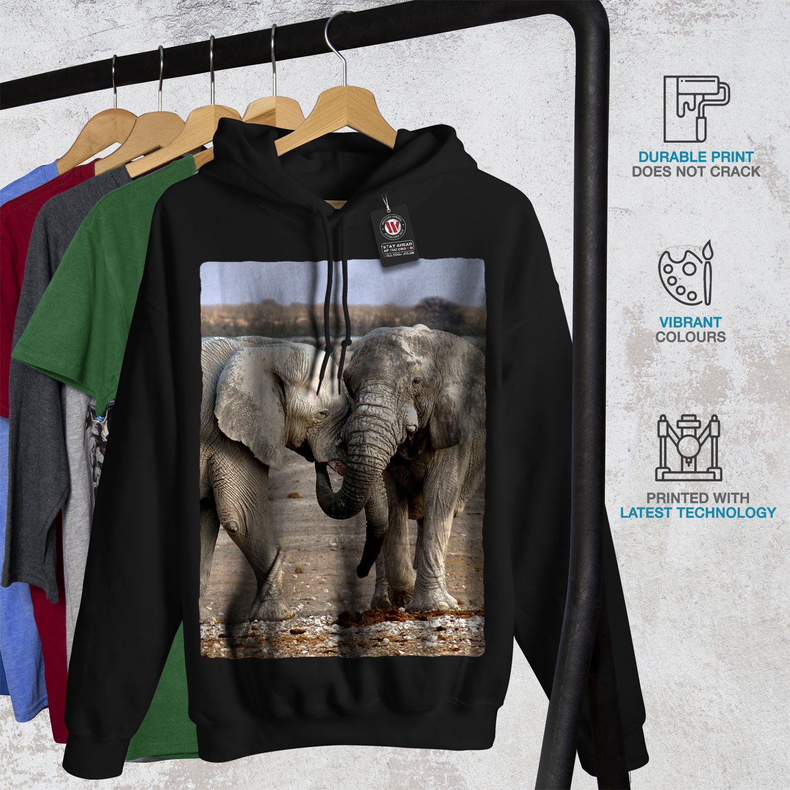 Wellcoda Men's Elephant Love Wild Hoodie - Soft Cotton Muddy Hooded Sweatshirt for Casual Wear, Street Style & Outdoor Adventures