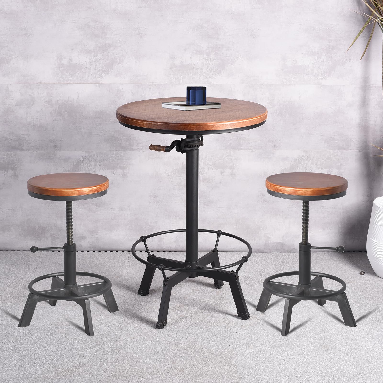 Farmhouse Bar Table Set with 2 Chairs - Industrial Pub Table & Stools, Vintage 3-Piece Coffee Table Set, Swivel High Top Table with Adjustable Height - Perfect for Kitchen Island, Breakfast Nook & Small Dining Spaces