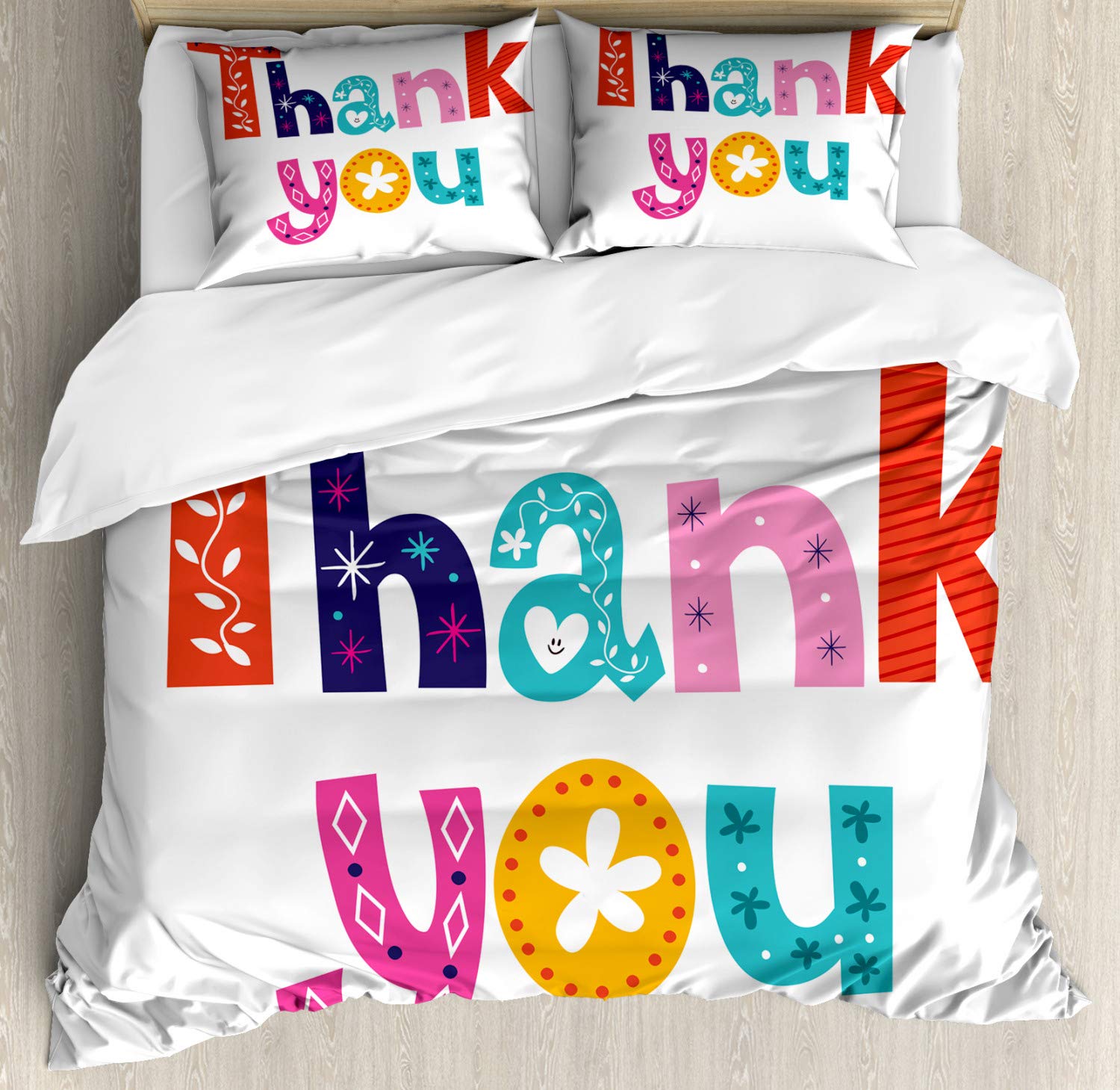 Ambesonne Floral Thank You Duvet Cover Set - 3 Piece Queen Size Bedding with 2 Pillow Shams, Geometric Waves Hearts Polka Dots Stripes Design - Perfect for Guest Rooms, Bedroom Decor & Housewarming Gifts