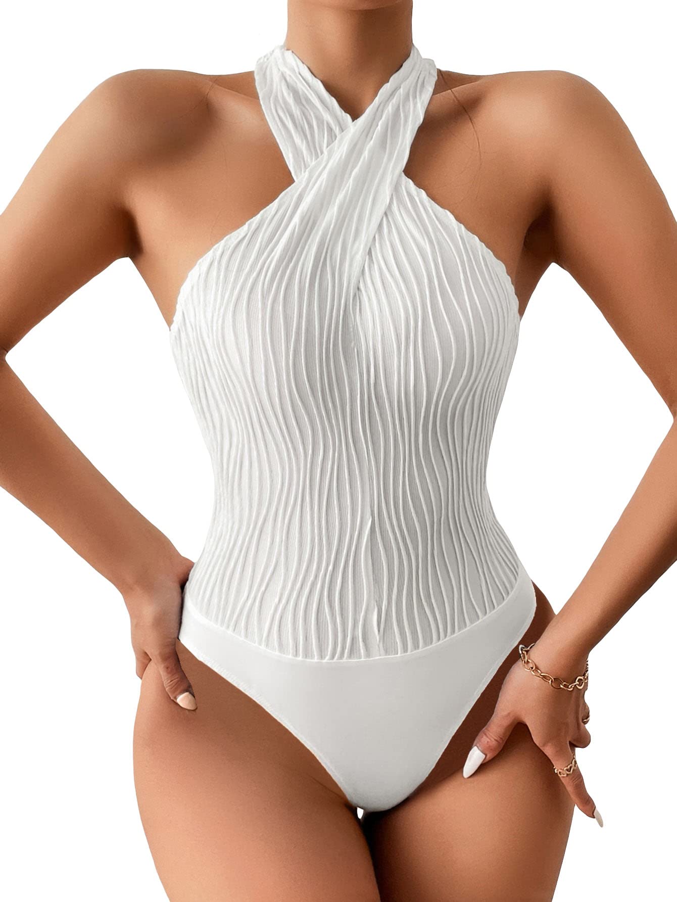 GORGLITTER Women's Sexy Textured Sleeveless Bodysuit - Criss Cross Tie Back Halter Leotard Tops & Jumpsuits for Dance, Yoga, and Night Out Outfits